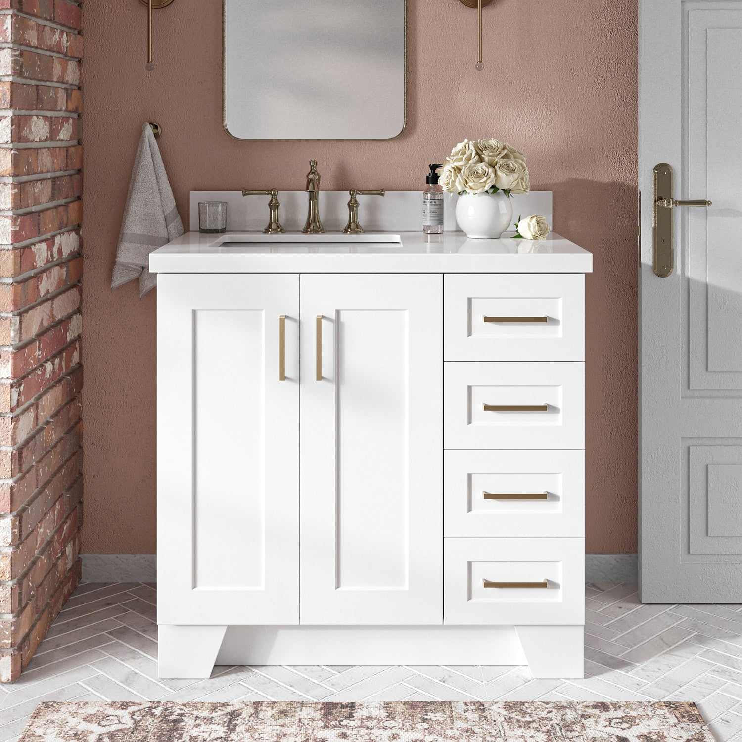 ARIEL Q037SLWQRVOWHT Taylor 37-in White Undermount Single Sink Bathroom Vanity with Pure White Quartz Quartz Top