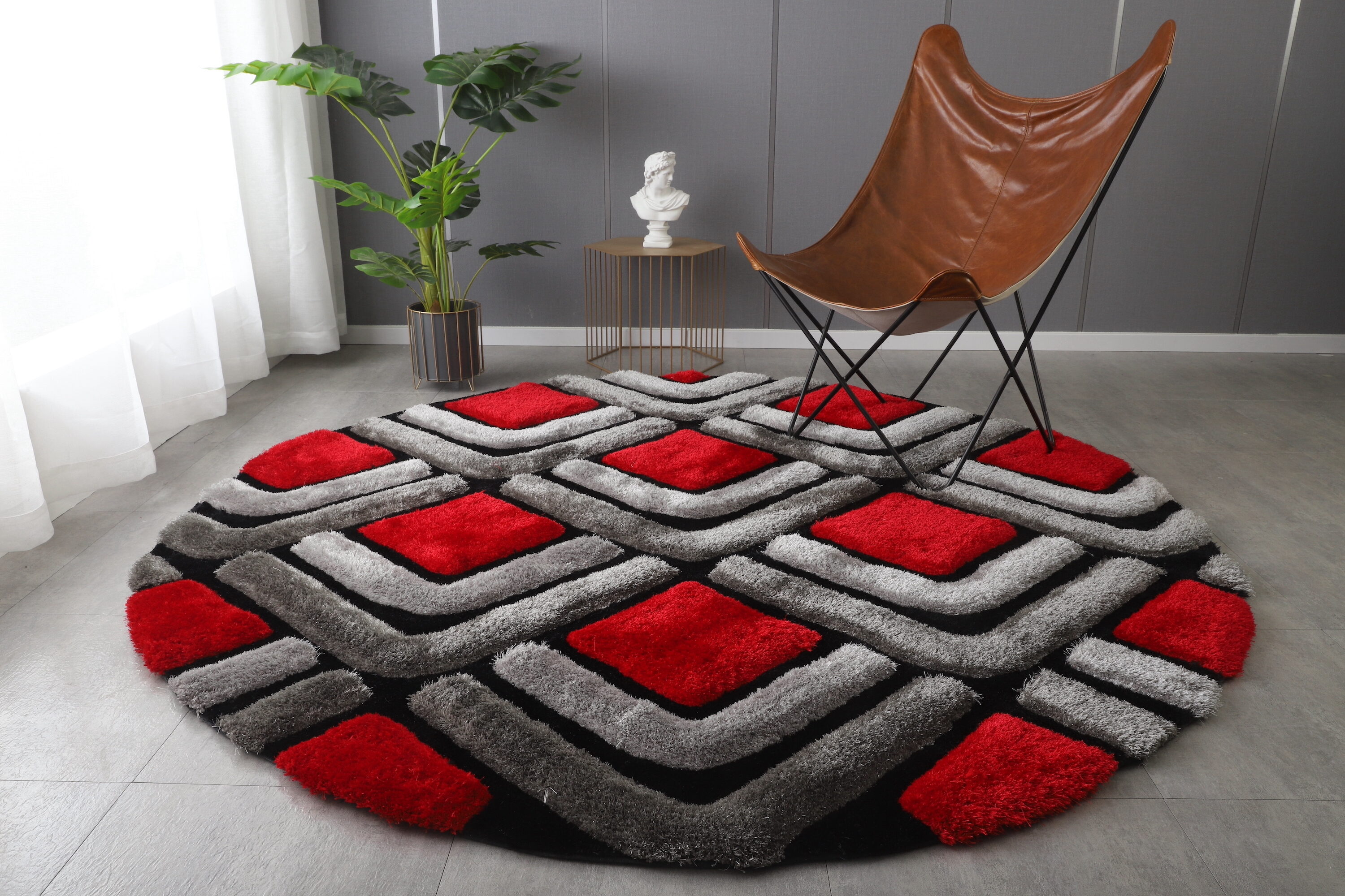 5 x 7 ft Red Black Light Gray 3D Modern Abstract Geometric Decor Area Rug  Carpet