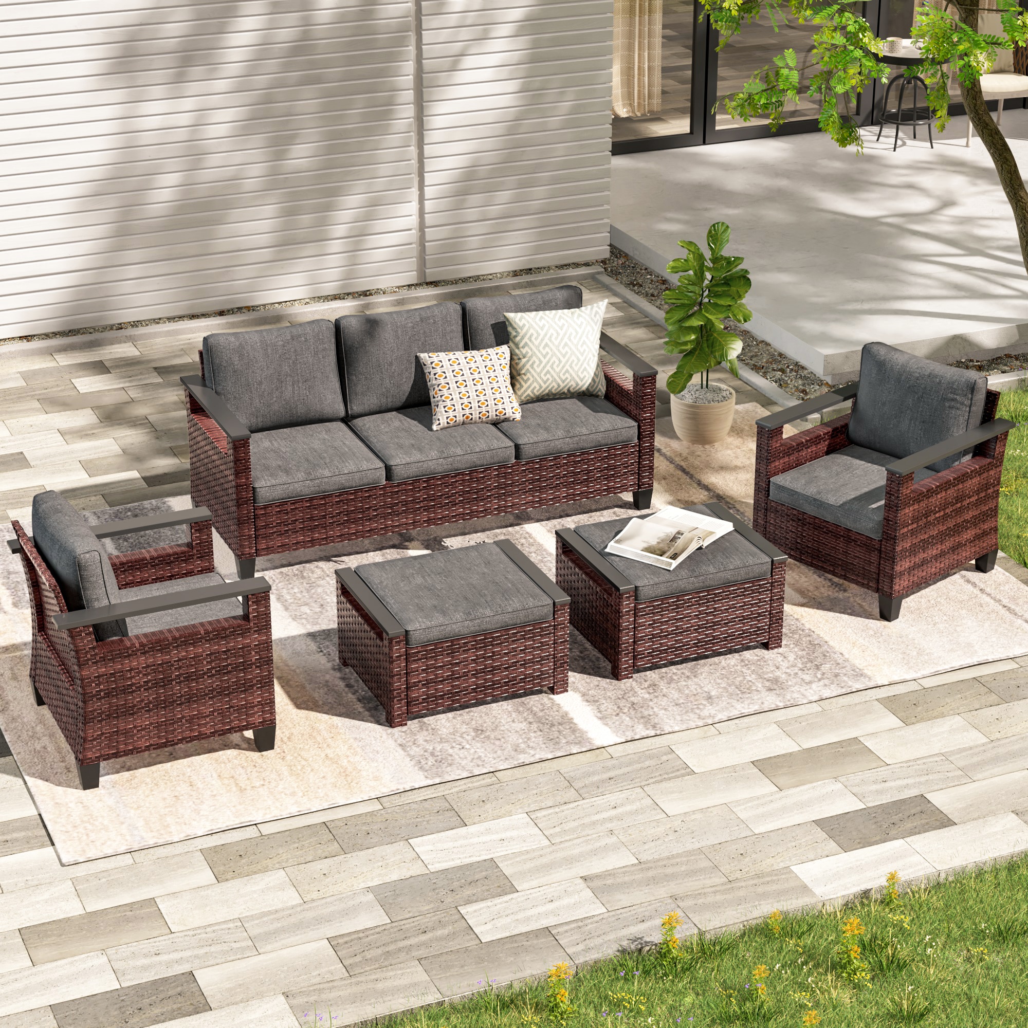 Sonkuki SD-PS-126BBK Patio Conversation Set 5 -Piece Wicker Patio Sofa Conversation Set with Black Cushions