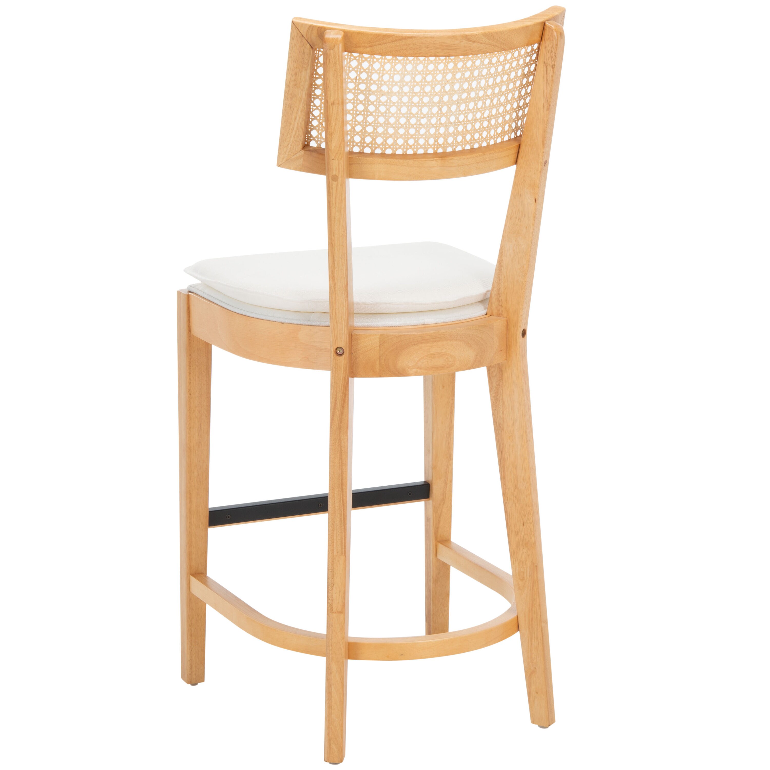 Natural Wood and Woven Cane Counter Stool with White Cushion