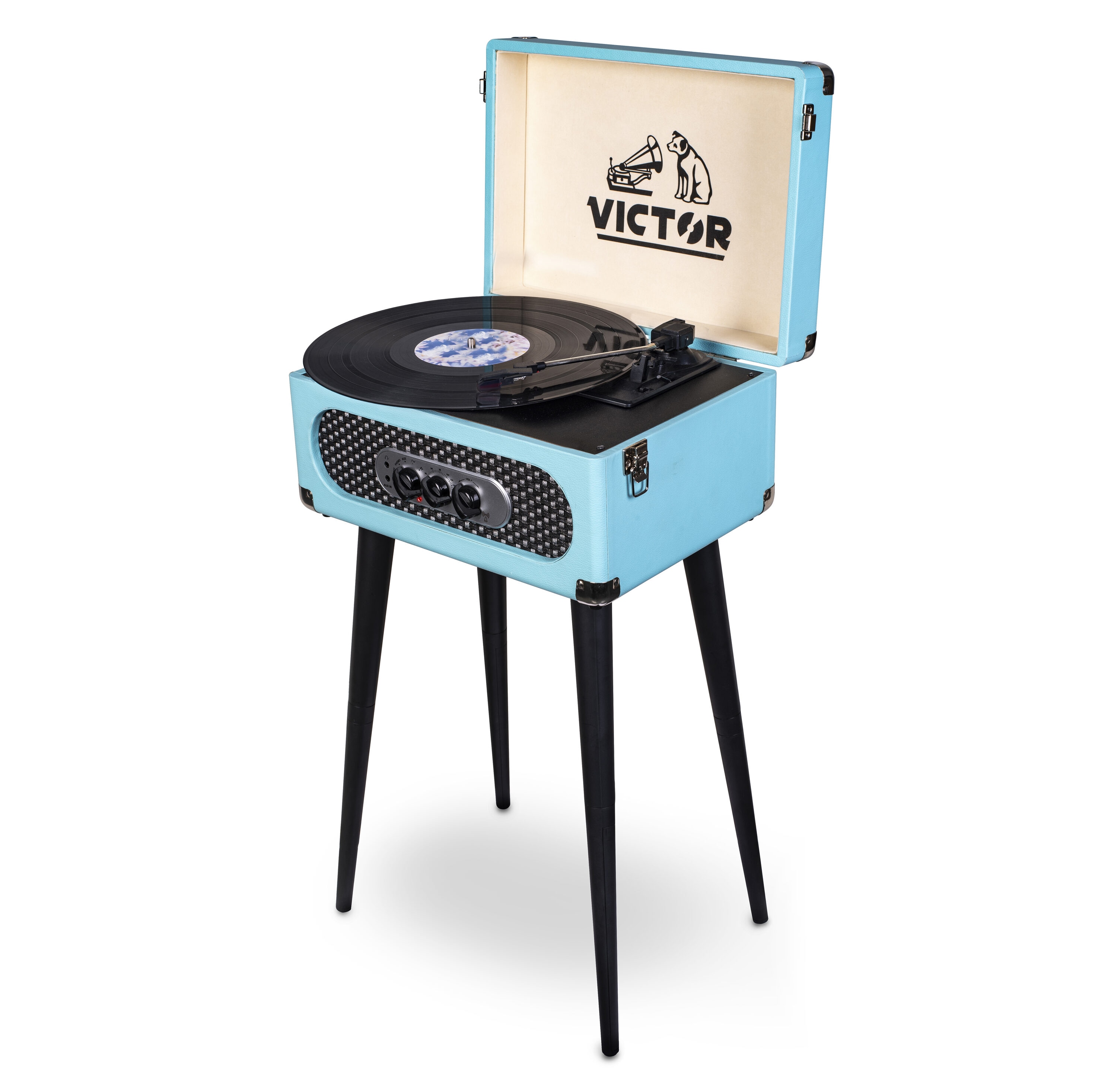 Blue Bluetooth 3-Speed Turntable with Built-In Speakers and USB Connectivity | - Victor VWRP-3200-TQ