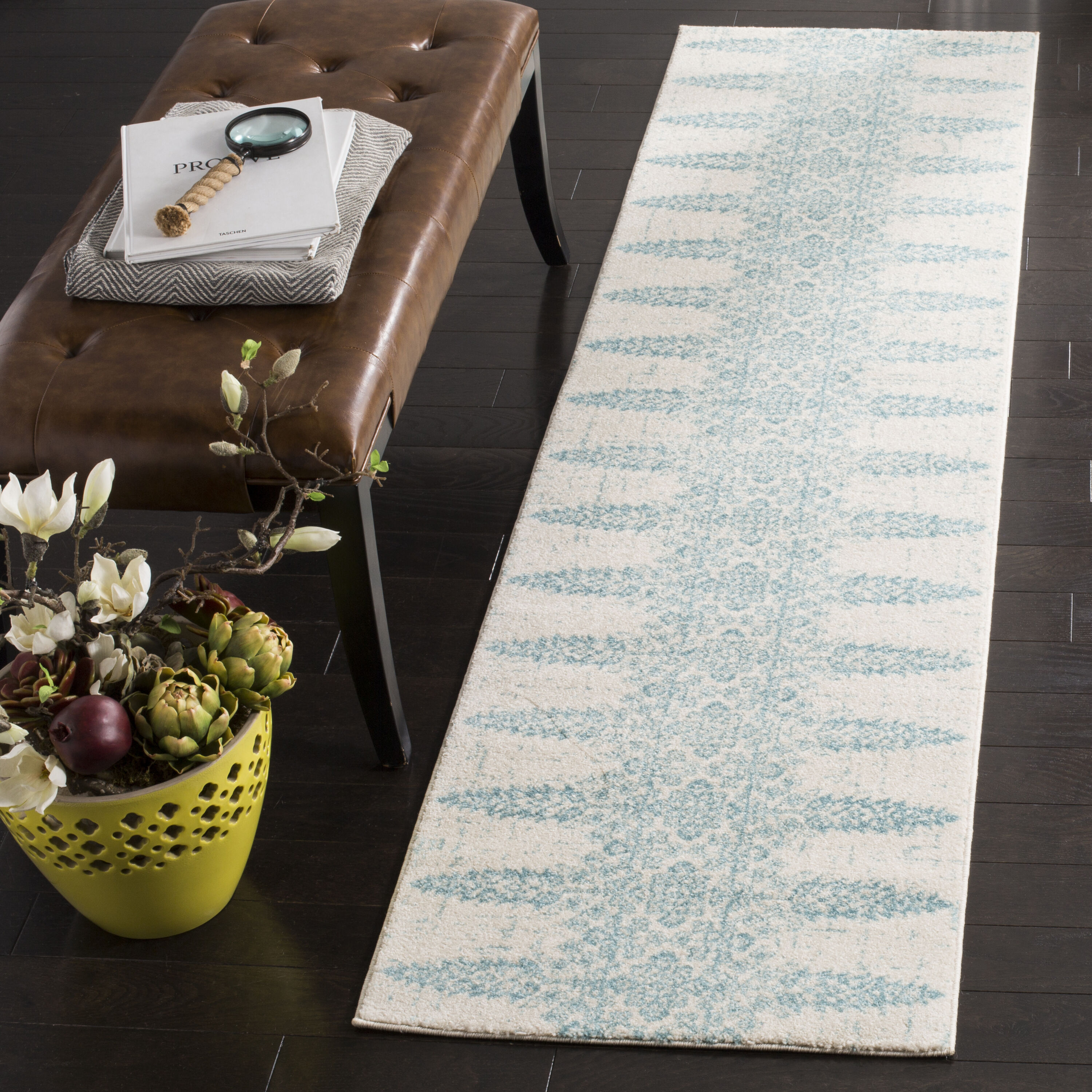 Safavieh EVK521F-28 Evoke Celina 2 x 8 (ft) Loomed Synthetic Ivory/Teal Rectangular Indoor Distressed/Overdyed Bohemian/Eclectic Runner rug