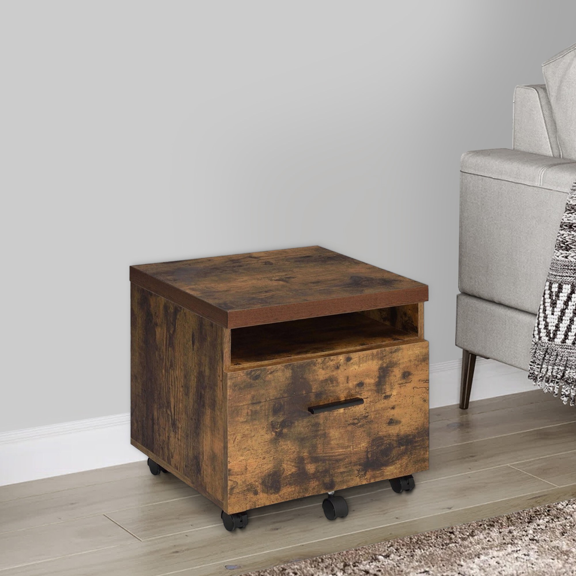 Benzara Contemporary Brown Lateral File Cabinet, 18.9  18.11  15.75in, Residential Use, Sturdy Wood and Metal Construction, Weathered Oak Brown Finish