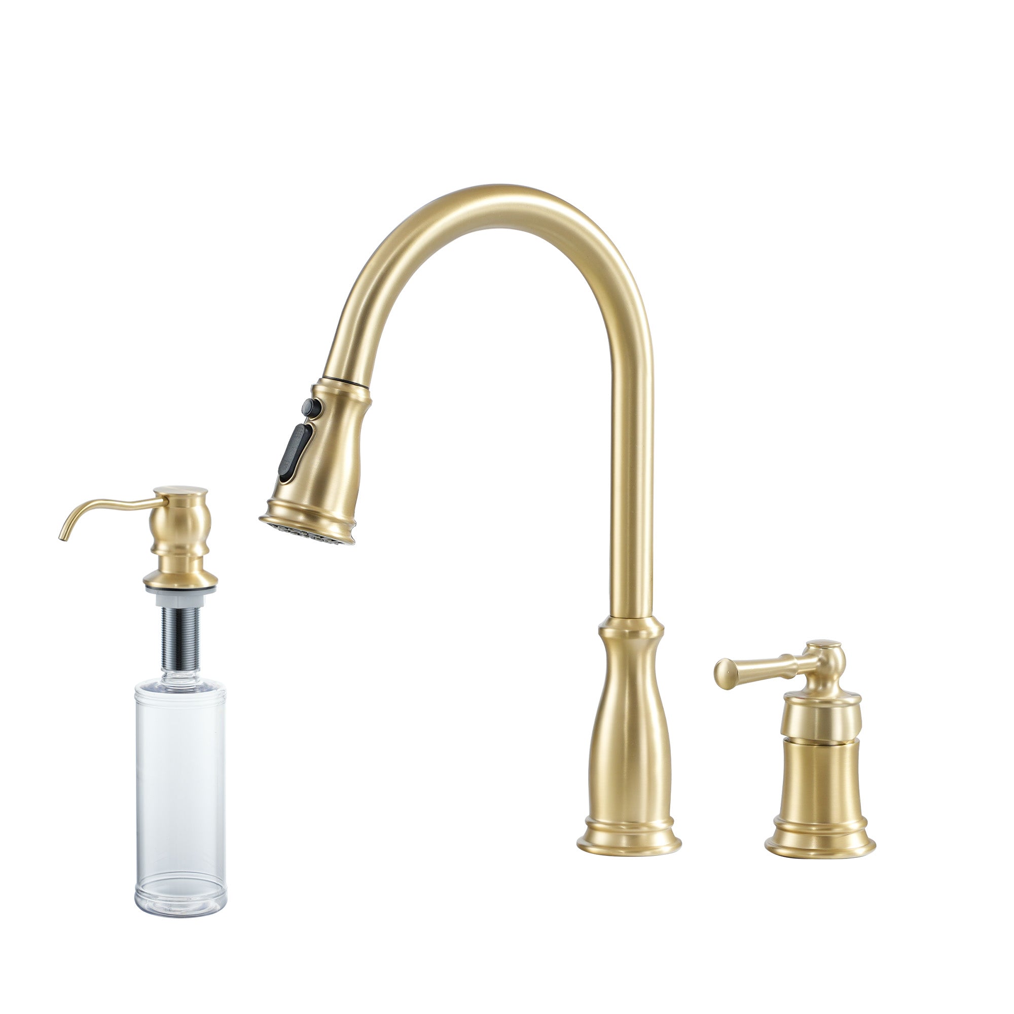 Boyel Living BL-APS393-BTG 3-Spray Patterns Single Handle 1.8 GPM Pull Down Sprayer Kitchen Faucet with Soap Dispenser in Brushed Gold