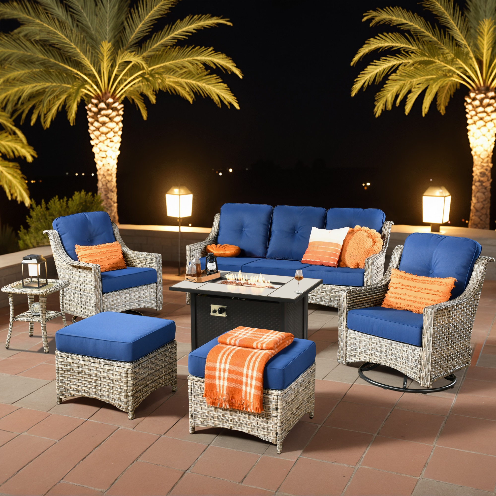 weaxty HMBCFP03-PAD706 Aireno 7 -Piece Rattan Patio Sofa Conversation Set with Blue Cushions