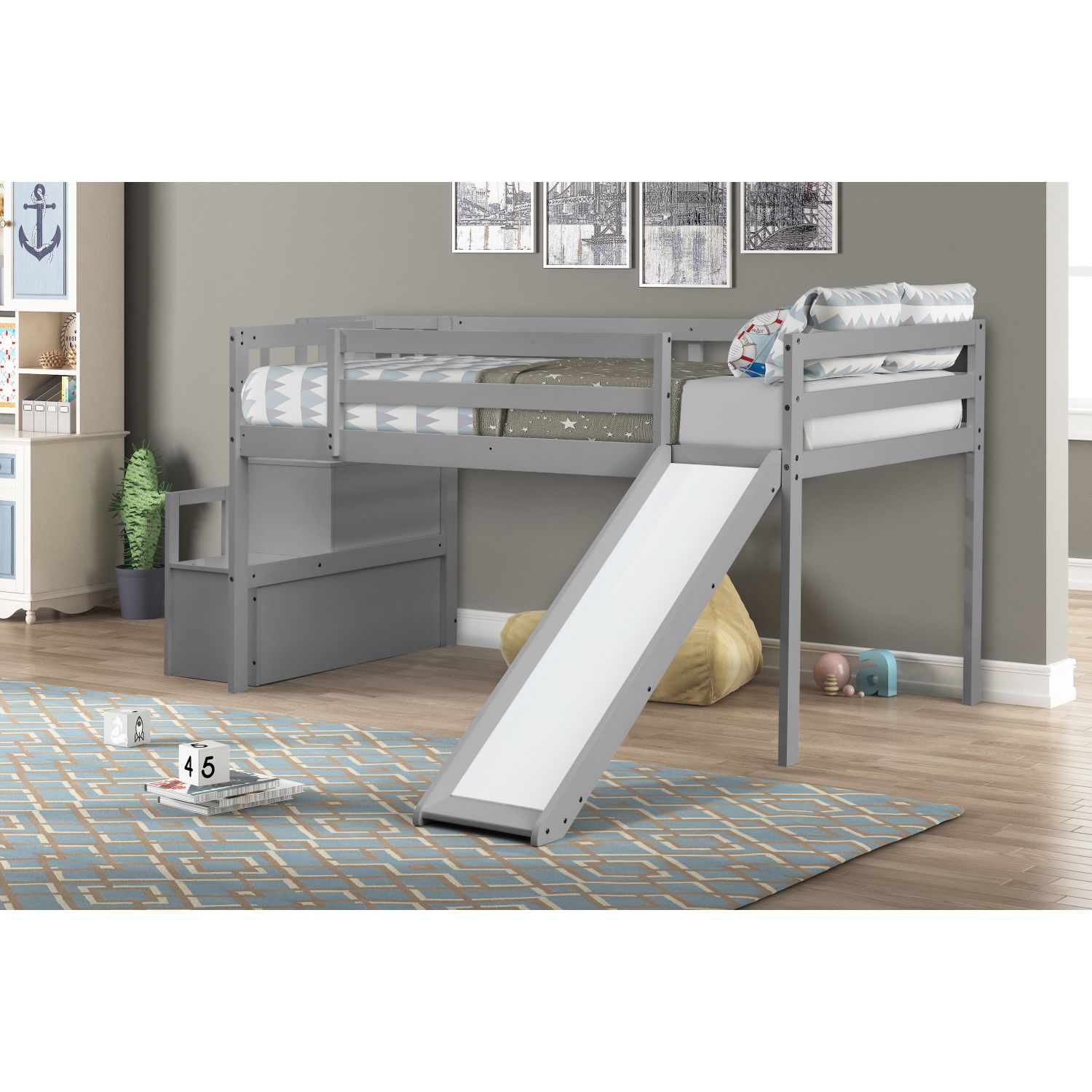 JASMODER W504S00319 Gray Full Composite Platform Bed with Storage