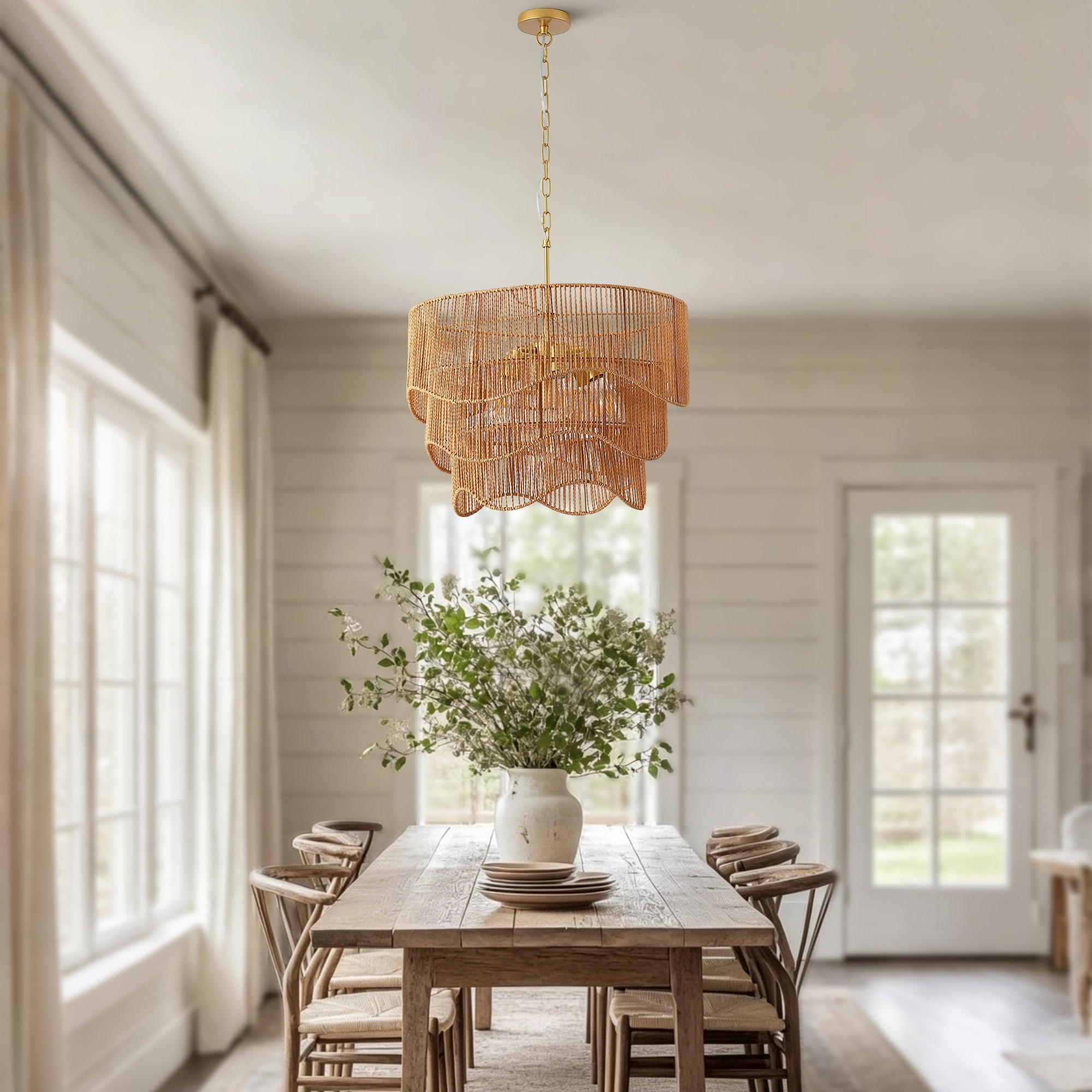 AOIZGMY Handwoven Paper Rattan Boho Chandelier 7 Light E26 Base 60cm ...