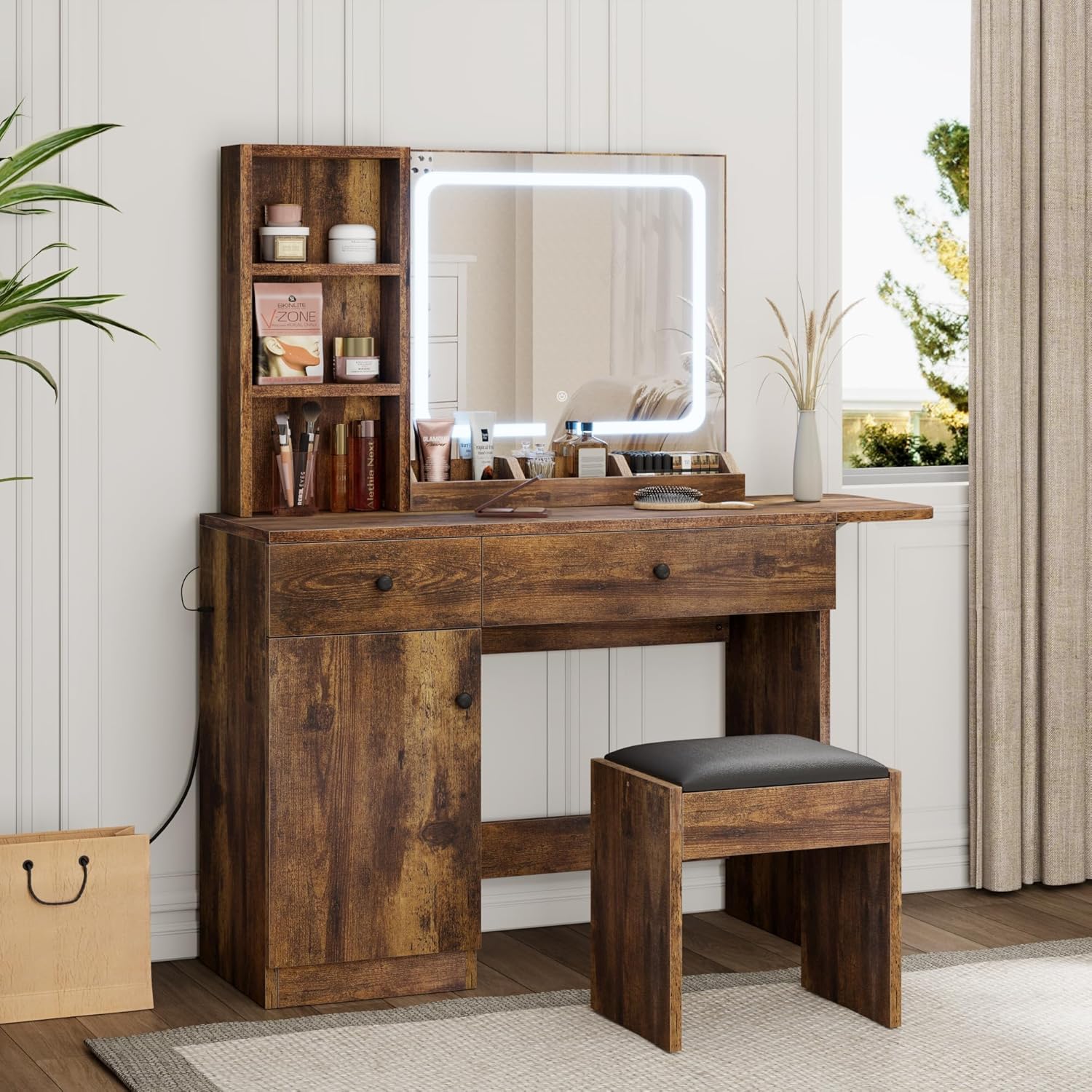 Qeetex LHF-SZT-VAM-1EIL3ZM1 Makeup Vanity Desk with Mirror and Lights - Vanity Table Set with Drawer/Power Outlet/Storage Chair/3 Shelves for Bedroom - Brown