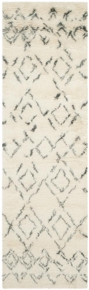 Safavieh CSB845A-210 Casablanca Taza Shag 2 x 10 (ft) Tufted Wool Ivory/Gray Rectangular Indoor Abstract Moroccan Runner rug