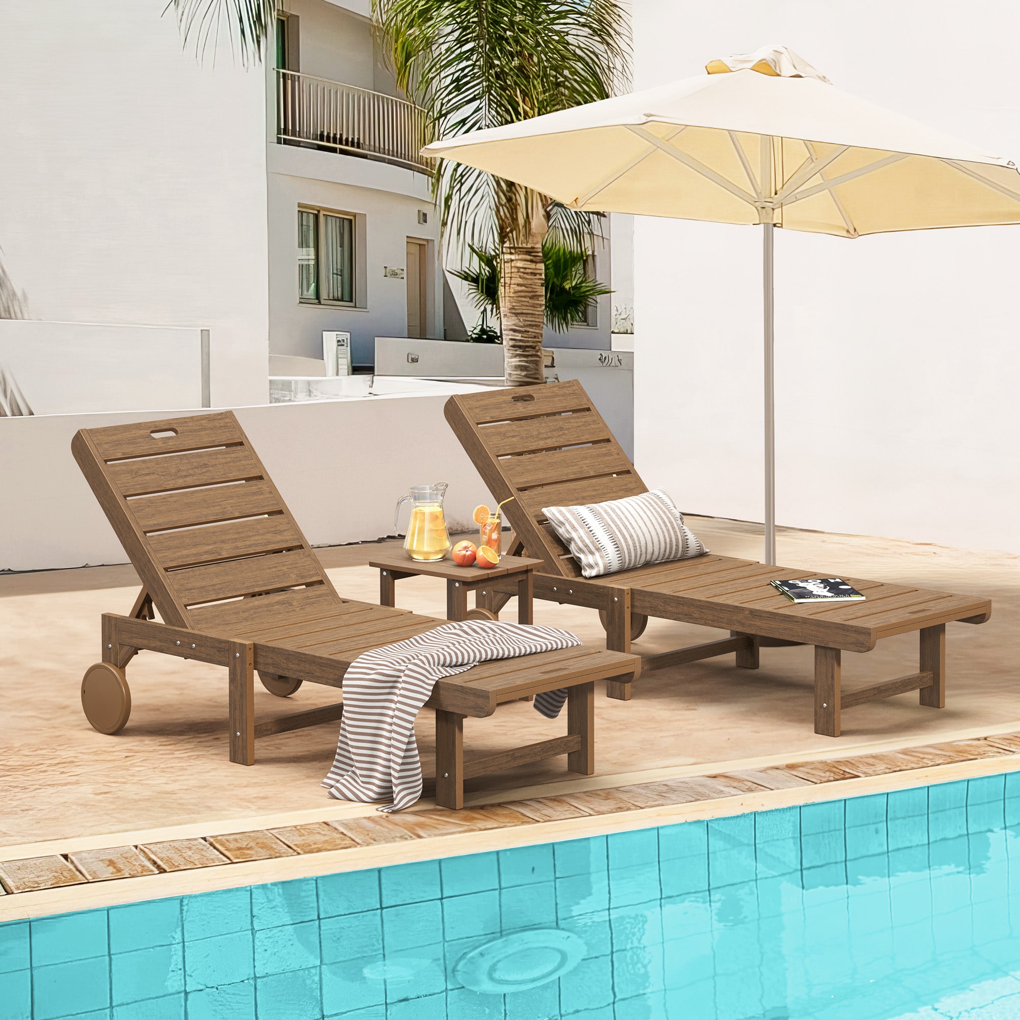 Yurevna 2JD-001-03LS Chaise lounge Set of 2 Teak HDPE Frame Stationary Chaise Lounge Chair with Slat Seat
