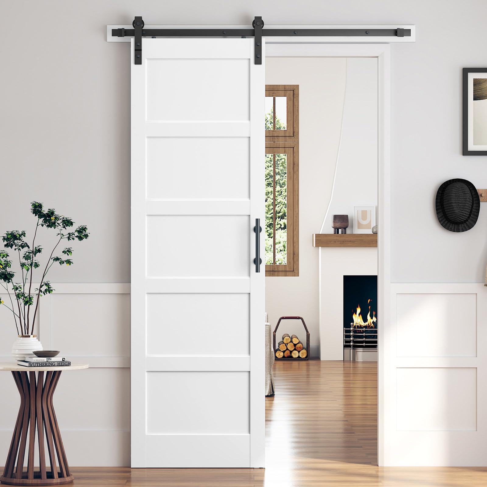 CYIKE  32 x 96 Inch White Sliding Barn Door Slab 5 Panel MDF Wood with Water Proof Scratch Proof PVC Surface and 5 ft Hardware Kit DIY Assembly