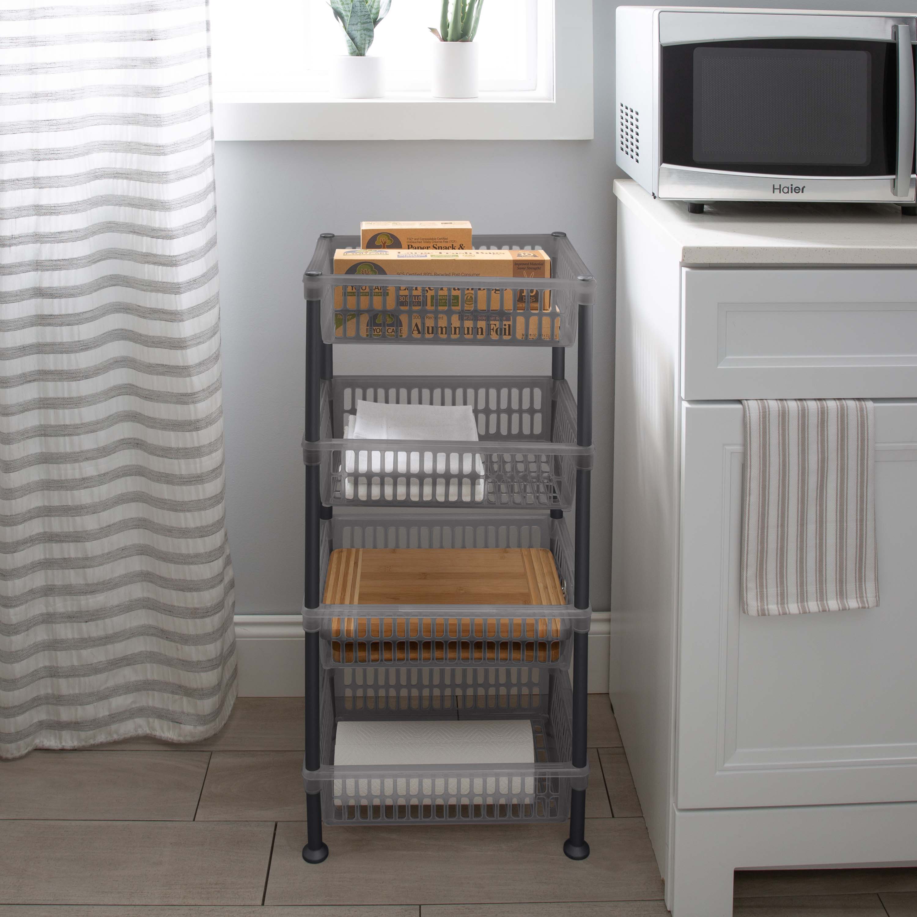 Slimline Gray Polypropylene 4-Tier Storage Shelf for Versatile Use