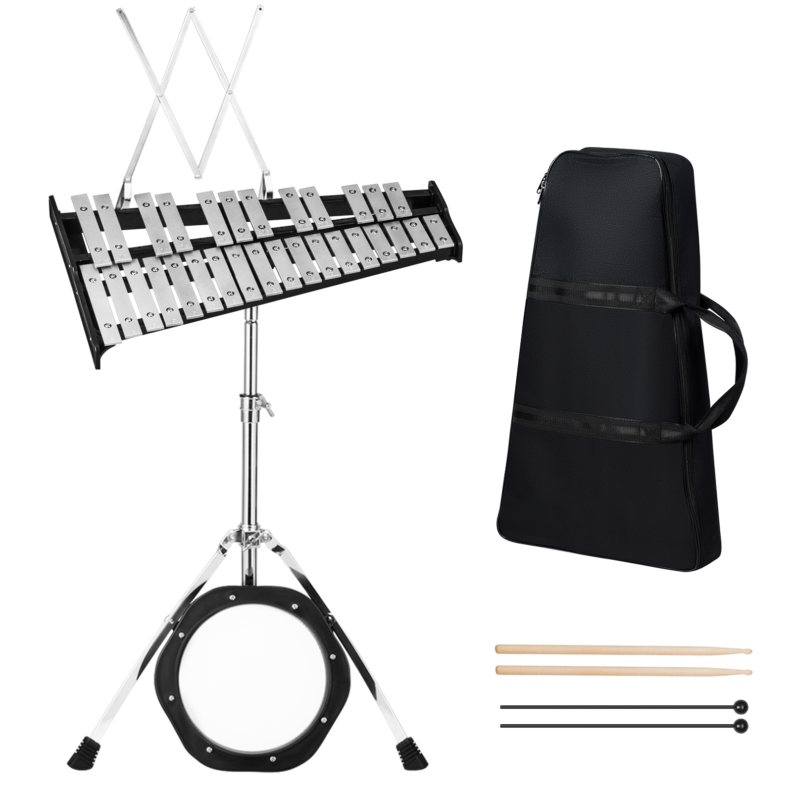 Slickblue D-CO-43001UM Glockenspiel Practice Kit – Adjustable Stand 30-Note Bells Mallets Carrying Bag for Home Classroom and Studio