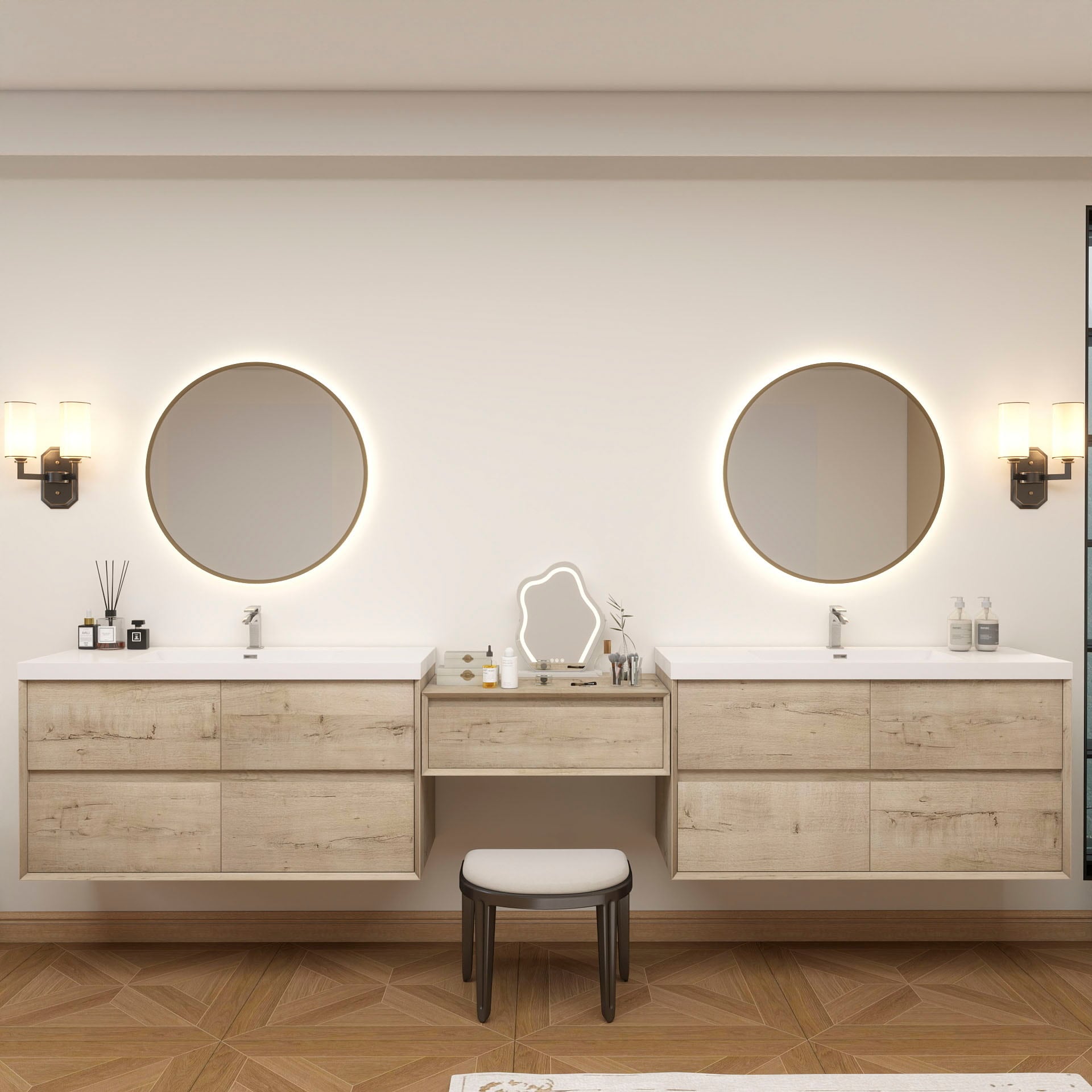 BV Better Vanity SLIM17-48+30+48-WO Kingdee 126-in Light Oak Single Sink Floating Bathroom Vanity with White Acrylic Top