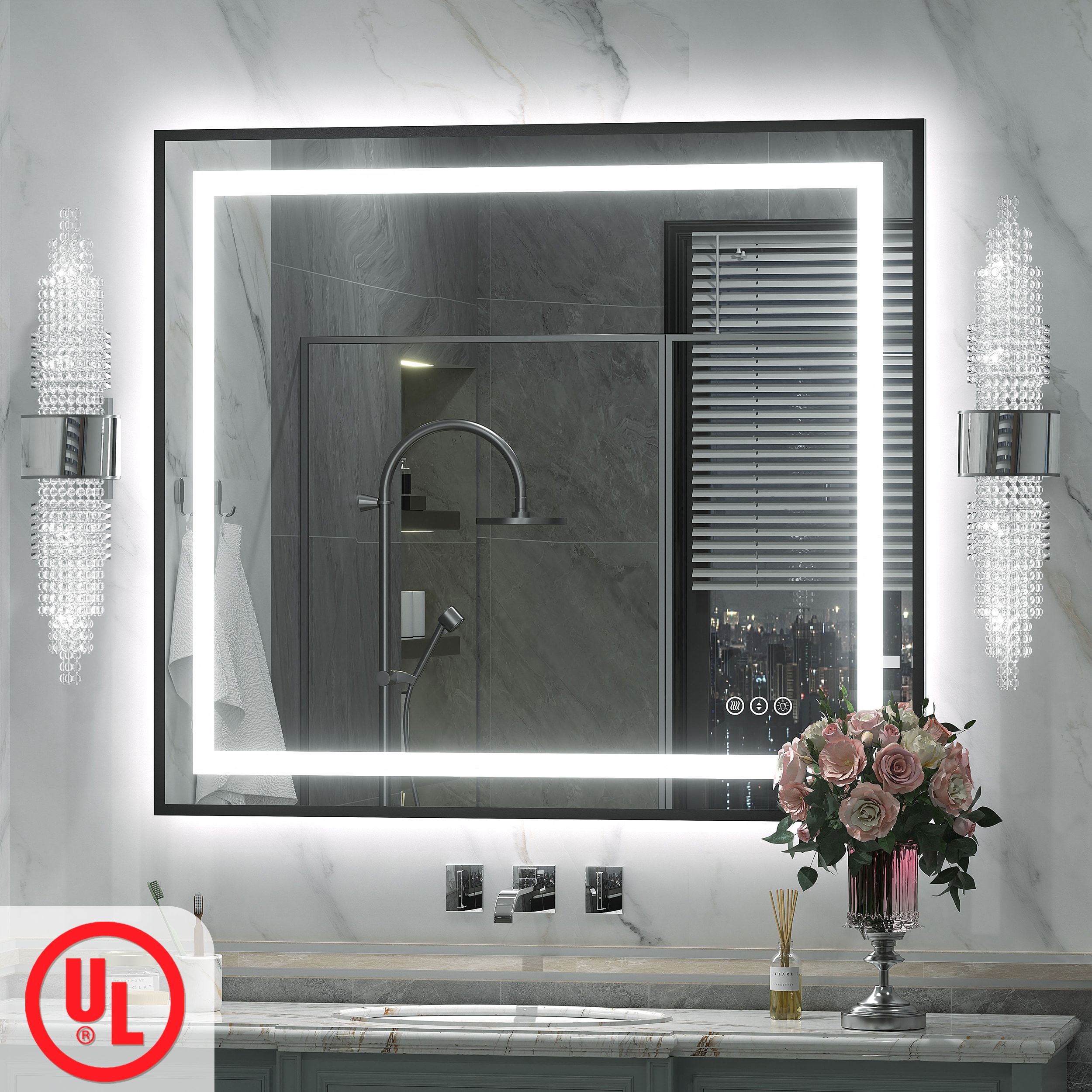 Apmir 32-in W x 36-in H UL Certified Black Aluminum Frame Front and Back LED Anti-Fog Stepless Dimmable 3-Color Lighting 3-Year Warranty Tempered Glass Bathroom Vanity Mirror