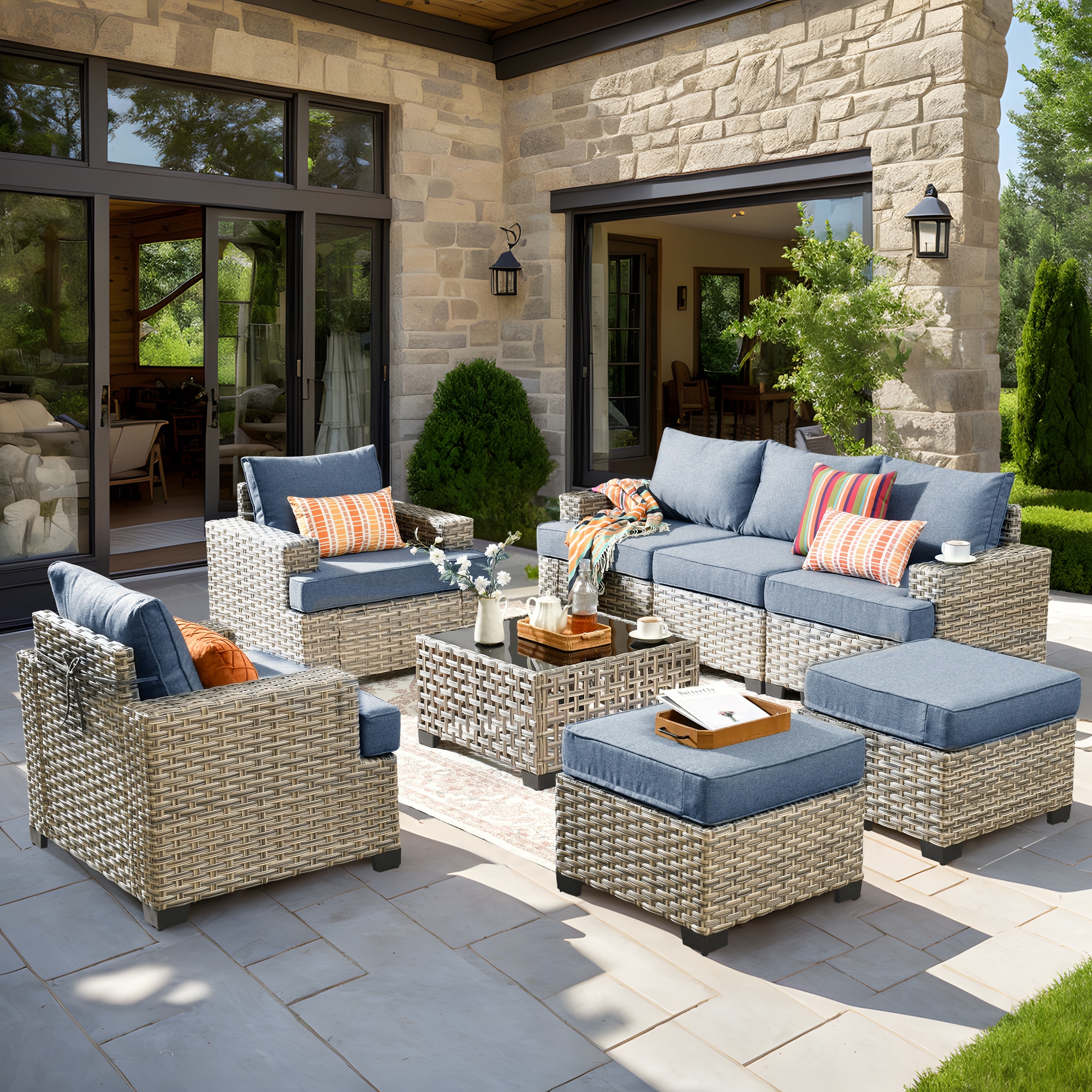 XIZZI XITBS5063B Agate 6 -Piece Rattan Patio Sofa Conversation Set with Blue Cushions