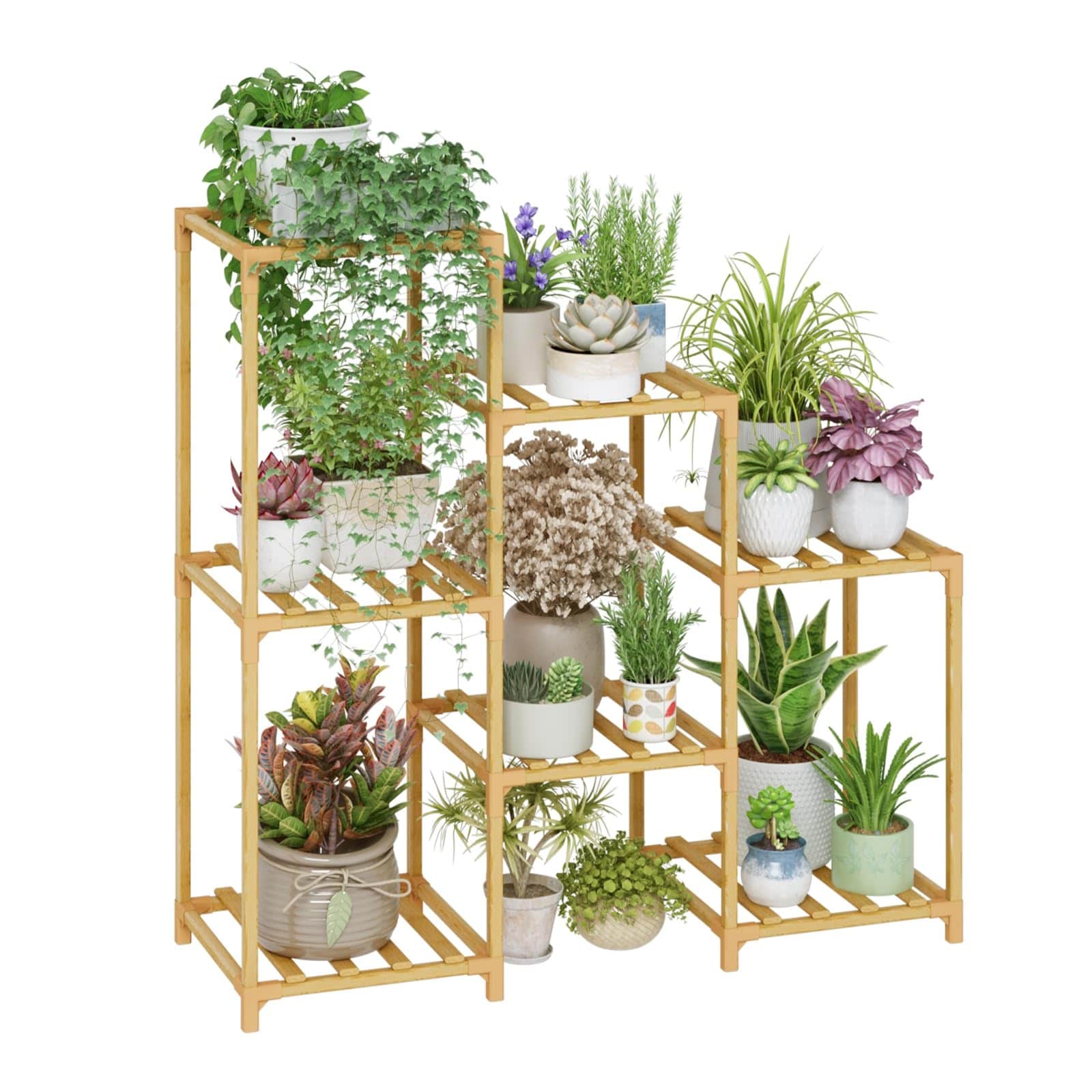 ITOPFOX Bamboo Plant Stand Indoor 3 Tier Ladder Plant Shelf for 7 Pots Natural Color Plant Rack Holder for Living Room Patio Balcony Home Decor #L05IT09044