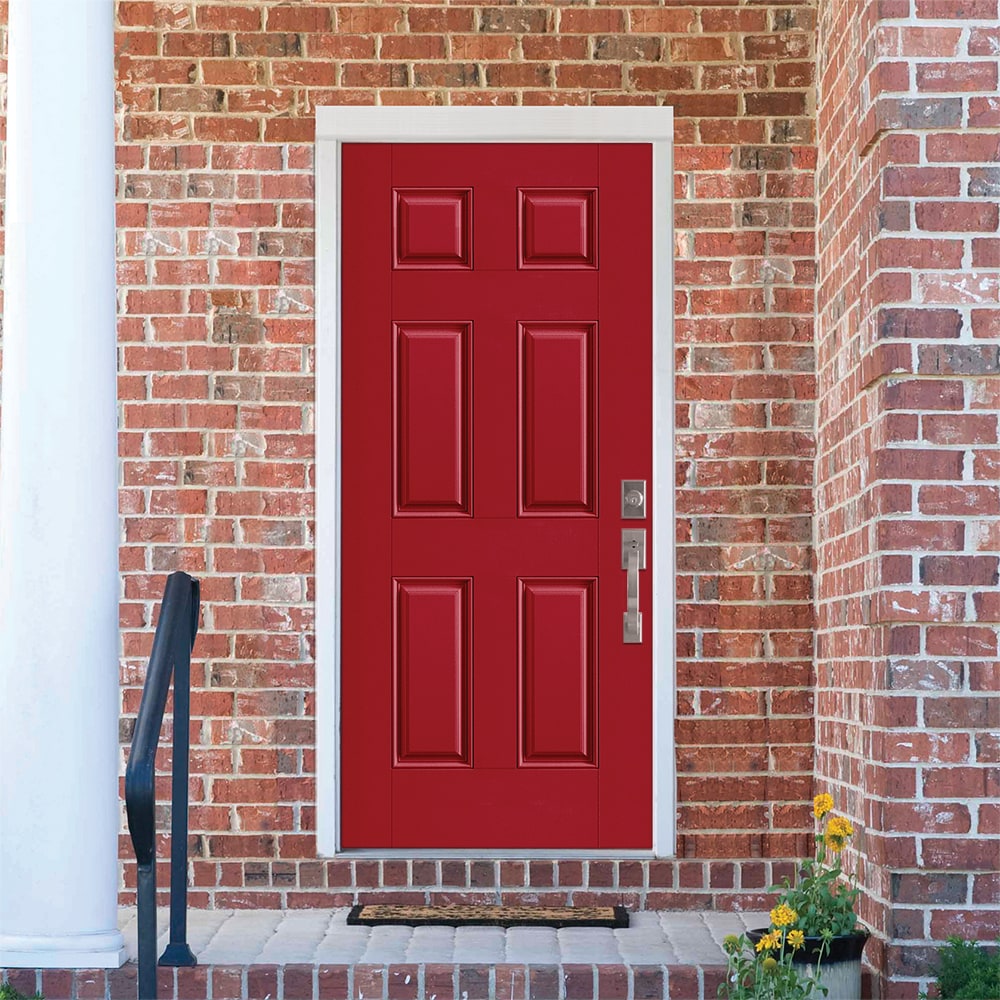 Masonite 1218345 36-in x 80-in x 4-9/16-in Fiberglass No glass Left-hand inswing Roma Red Painted Prehung Front Door with Brickmould Insulating core