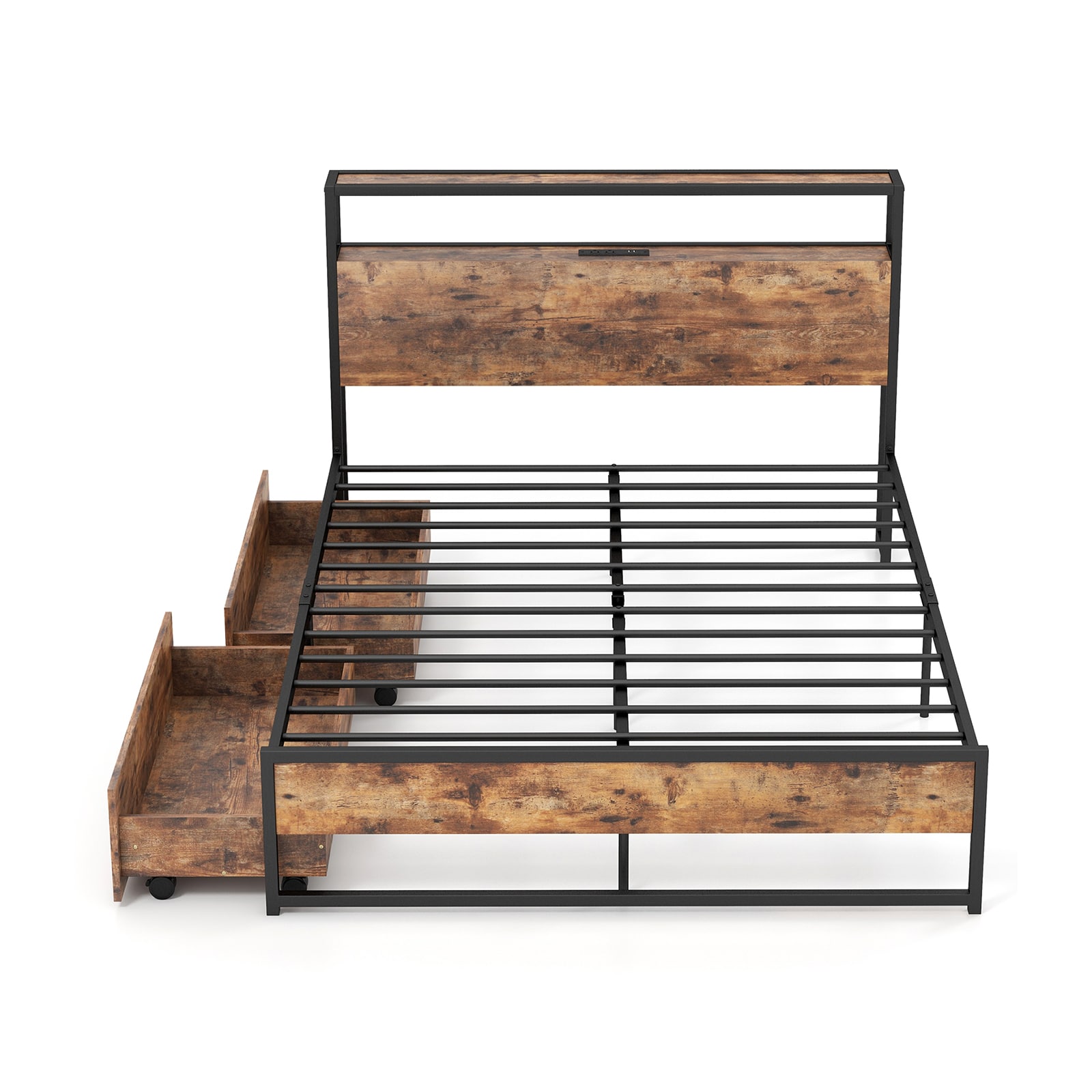 Iseryn DC16475F Rustic Brown Full Metal Bed frame Bed with Storage