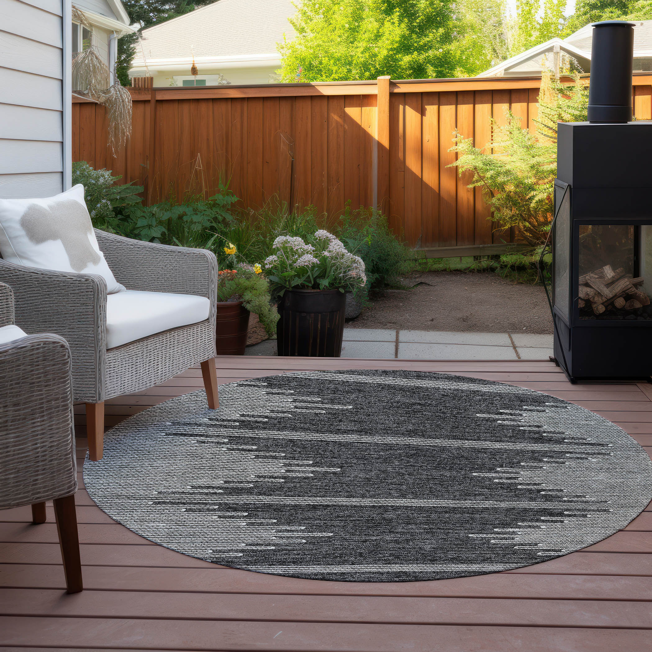 Charcoal and Gray Round Synthetic Flat Woven Rug