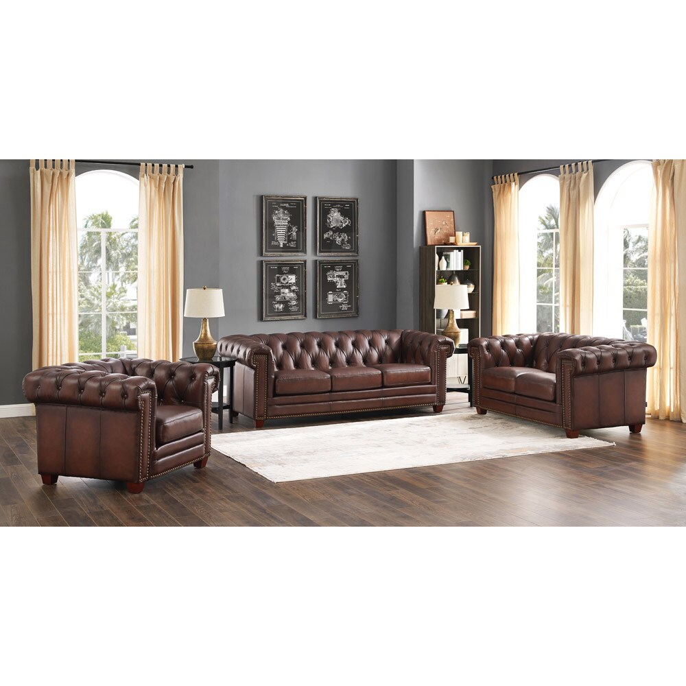 Hydeline 1A9877-SLC-BRN Stanwood Rustic 3-Piece Genuine Leather Dark Brown Living Room Set