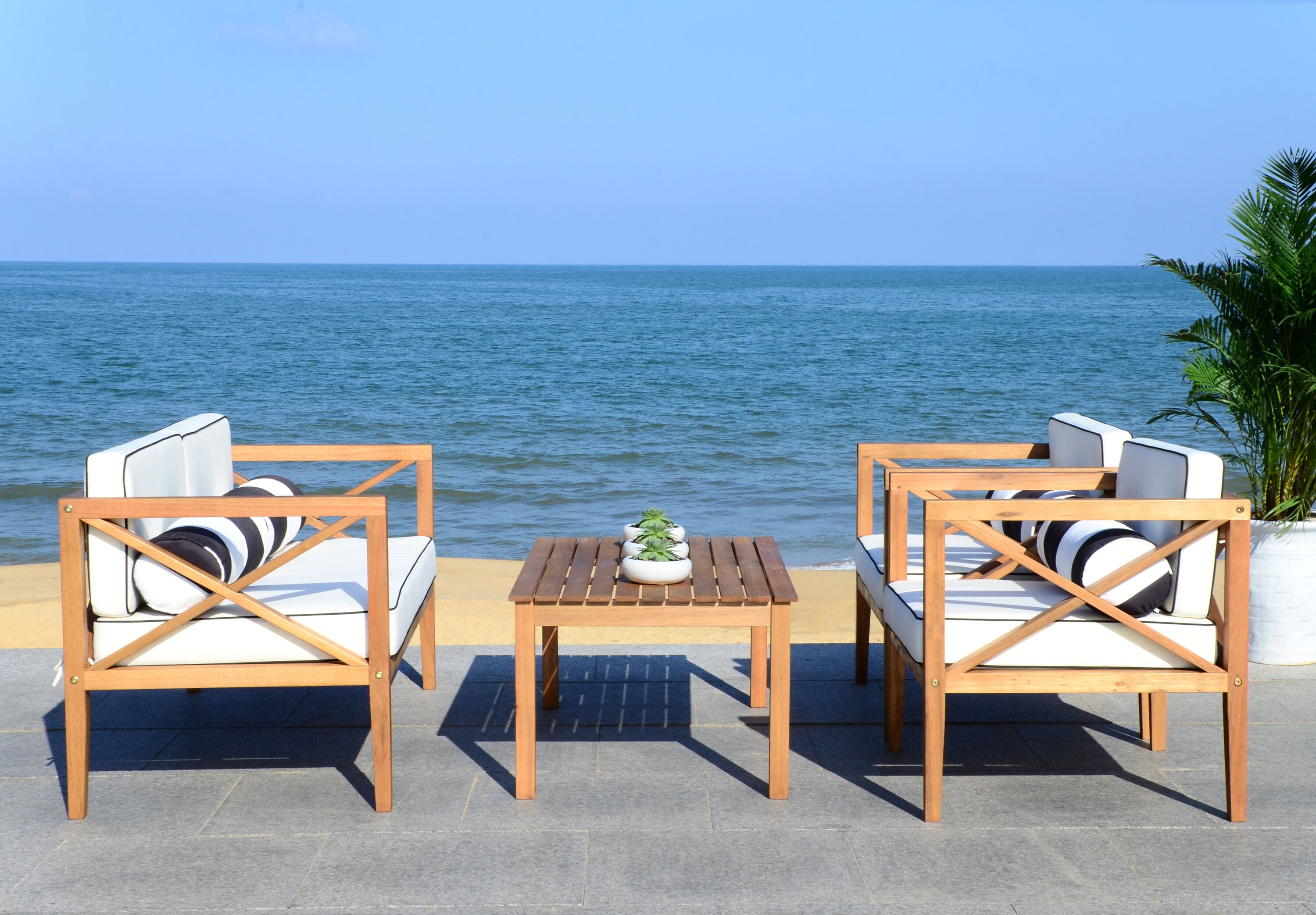 Nunzio Natural Teak Wood 4-Piece Outdoor Set with White Cushions