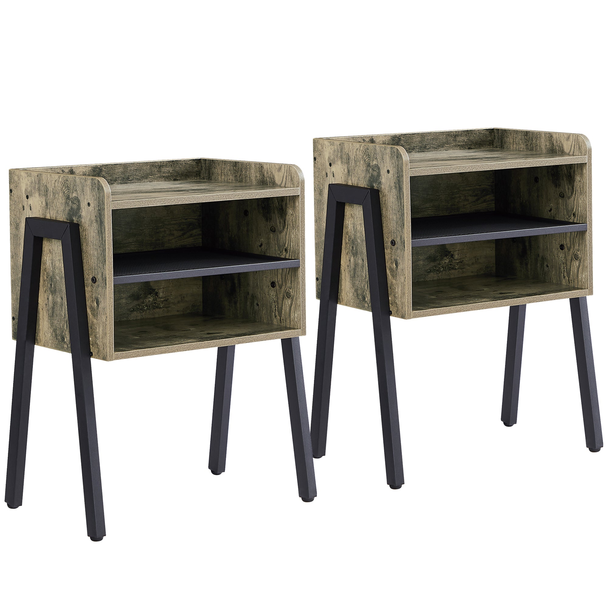Vecelo LOE-XF-ST13-GRY-A2 Set of 2 Metal Frame Nightstand End Table Bedside Table with 2 Tier Open Storage Compartments for Bedroom Living Room and Small Spaces Gray