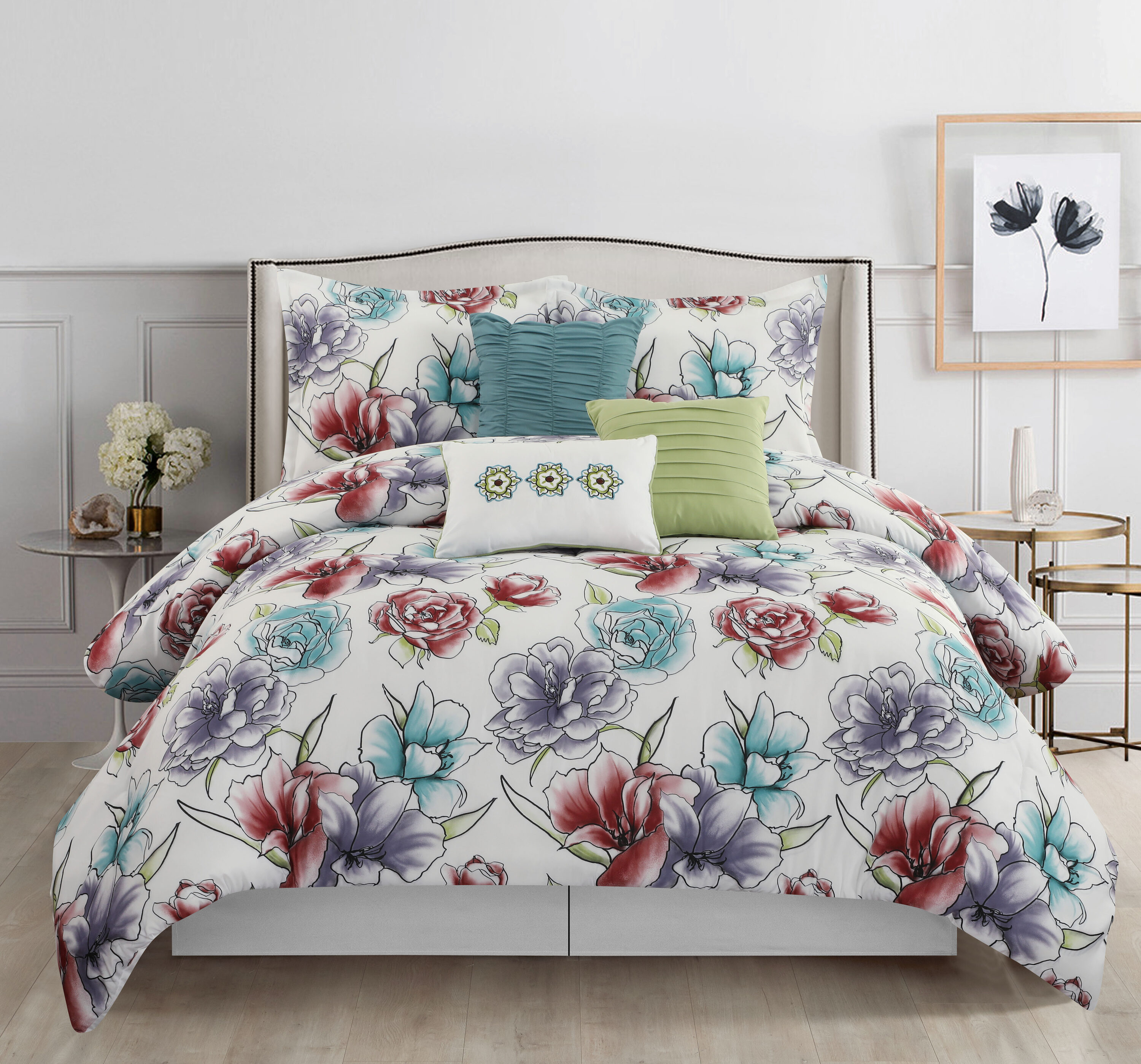 Lush Decor Floral Watercolor 7-Piece Comforter Set, Blue, King