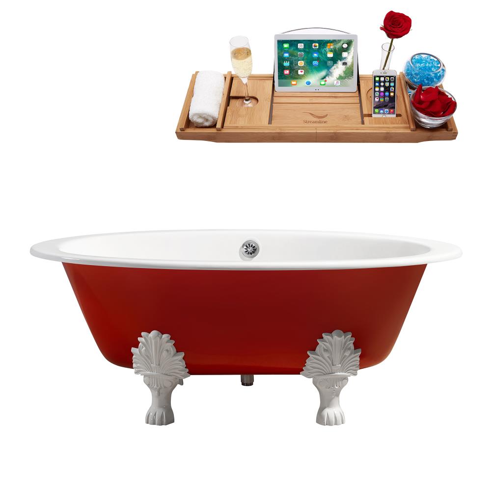 Streamline R5441WH-CH 64.9605-in x 35.433-in Glossy Red Cast Iron Oval Clawfoot Soaking Bathtub with Drain (Center Drain)