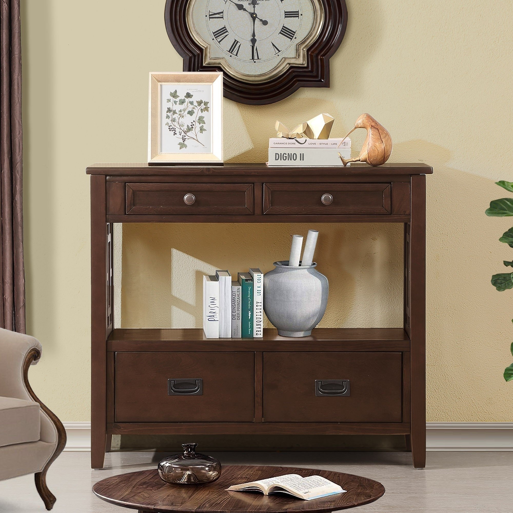 Horizons Prime 36 inch Light Espresso Pine Wood Console Table with 4 Drawers and Storage Shelf for Entryway Living Room Bedroom Hallway Kitchen