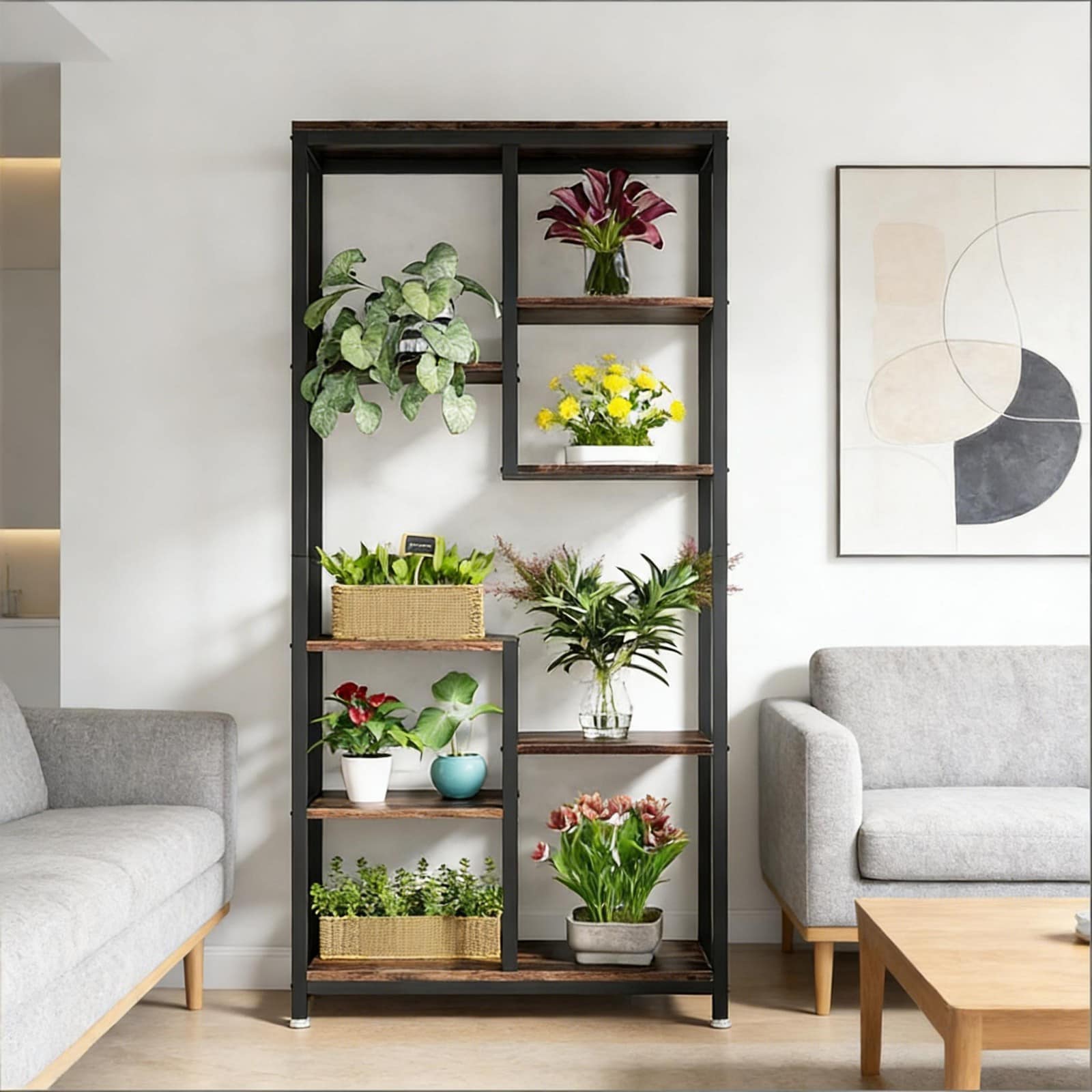 GlasFlength  69 Inch Tall Farmhouse Bookshelf Open Display Rack 8 Shelf Metal Wood Storage Bookcase for Living Room Office Black and Brown