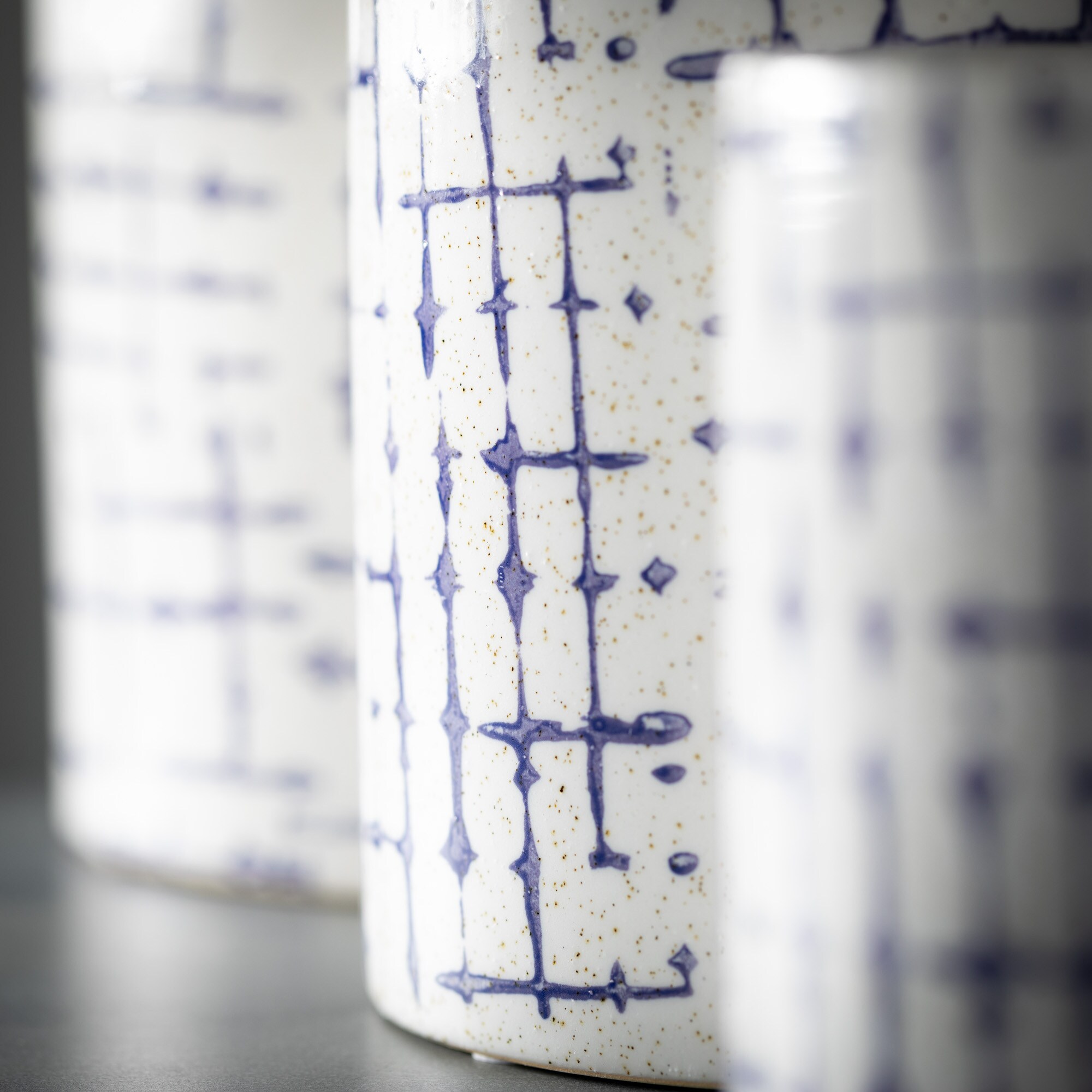 Sand White and Indigo Ceramic Hatch Patterned Pot Set of 3