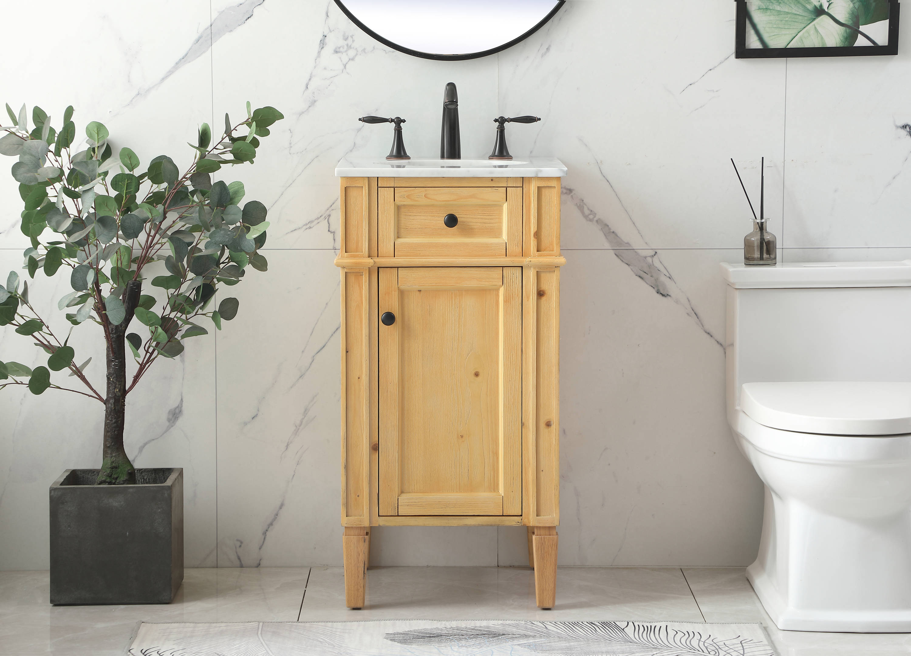 Elegant Decor HF37554NW Home Furnishing 18-in Natural Wood Undermount Single sink Bathroom Vanity with Carrara White Marble Top