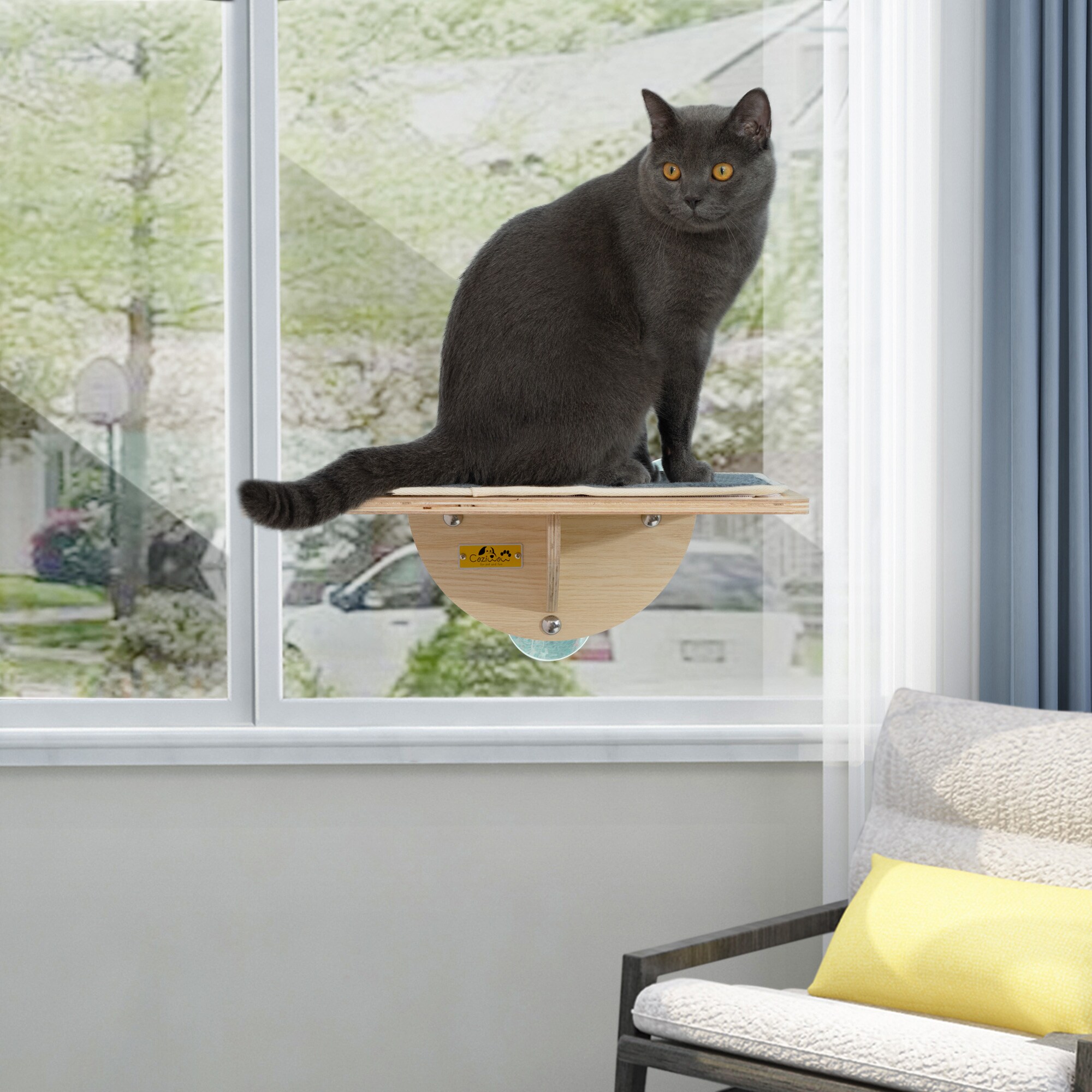 Small Natural Wood Cat Window Perch with Gray Mat