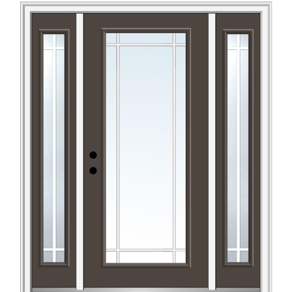MMI DOOR ZZ05536R 64-in x 80-in x 4-9/16-in Fiberglass Full lite Right-hand inswing Brown Painted Prehung Front Door with Sidelights with Brickmould Insulating core with Grilles