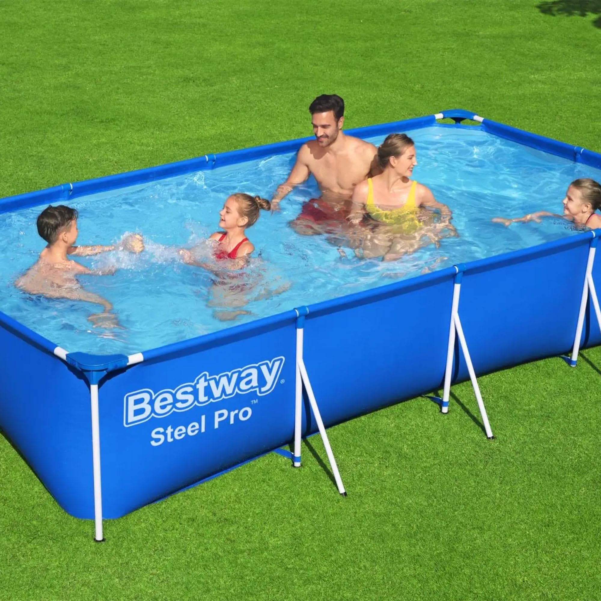 Bestway Steel Pro 13 Foot x 32 Inch Rectangular Above Ground Outdoor Pool Steel Framed Vinyl Swimming Pool with 1 506 Gallon Water Capacity Blue