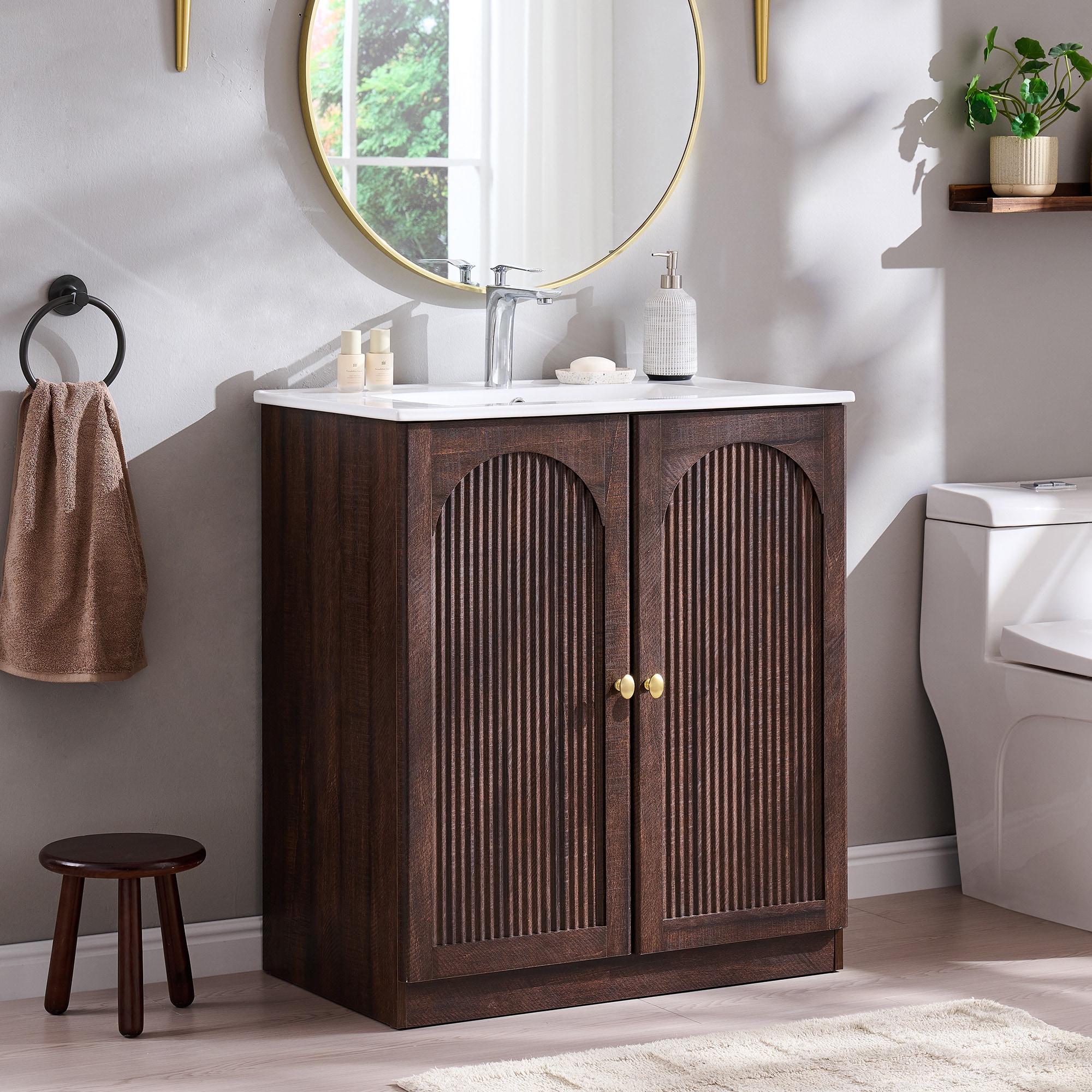 OKD 30In Modern Single Sink Bathroom Vanity Engineered Wood Construction White Ceramic Top with Integrated Sink