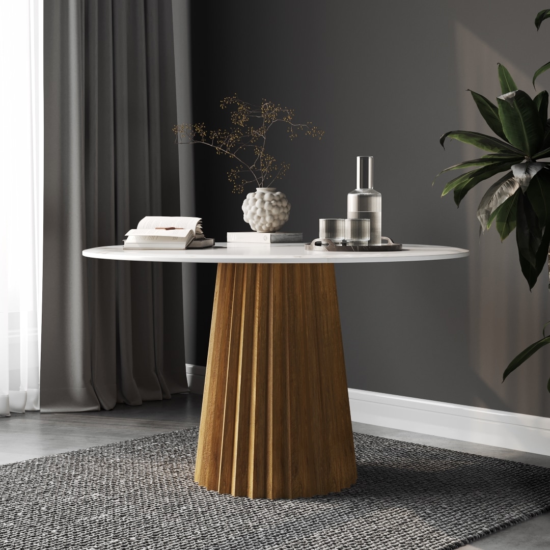 Urban Woodcraft Indigo Natural Round Contemporary/Modern Marble Dining Table, with Painted Finish and Reclaimed wood Pedestal Base 47-in L x 30-in H