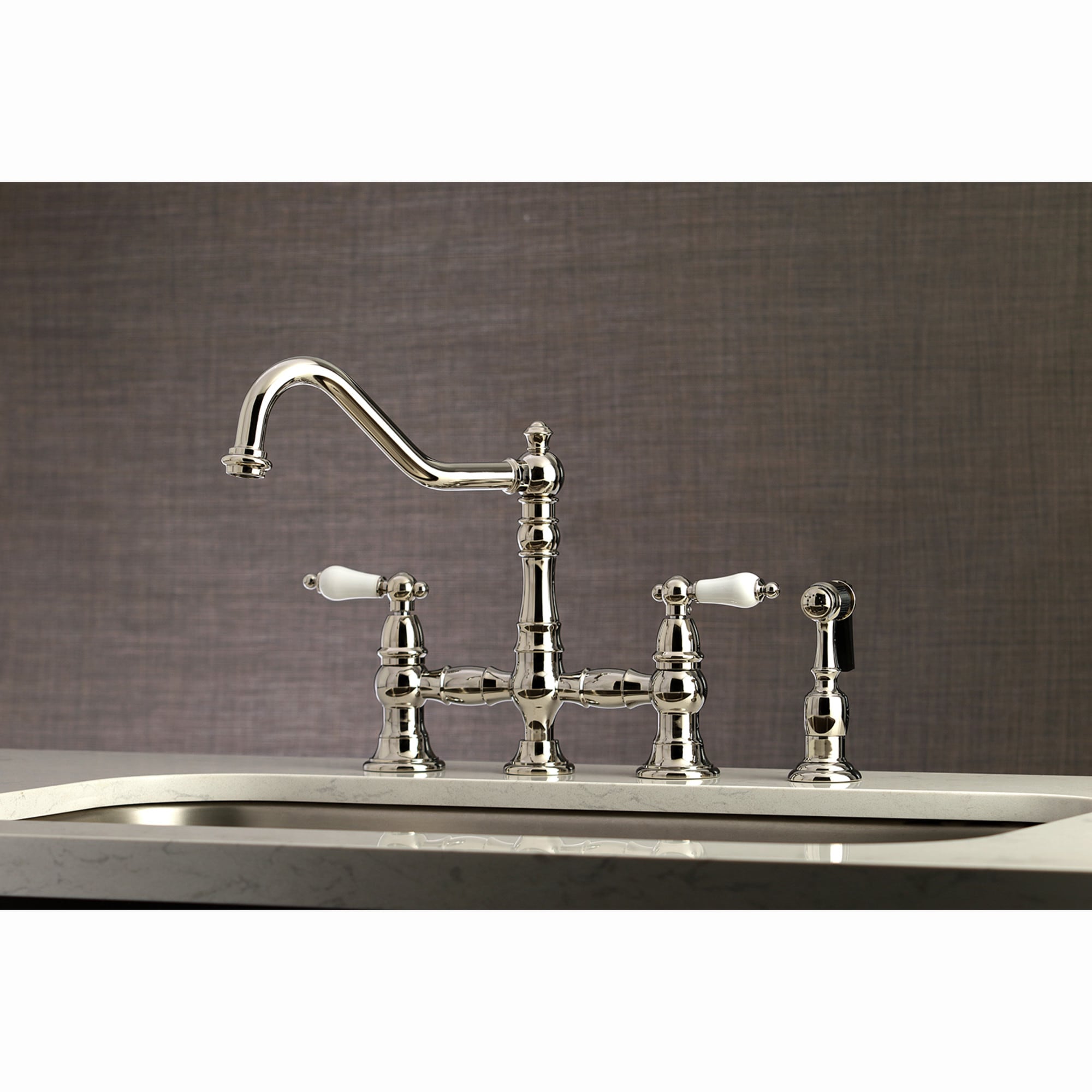 Kingston Brass WLKS3276PLBS Restoration Polished nickel Double Handle Deck-mount Bridge Kitchen Faucet with Sprayer ( Side Sprayer Included )