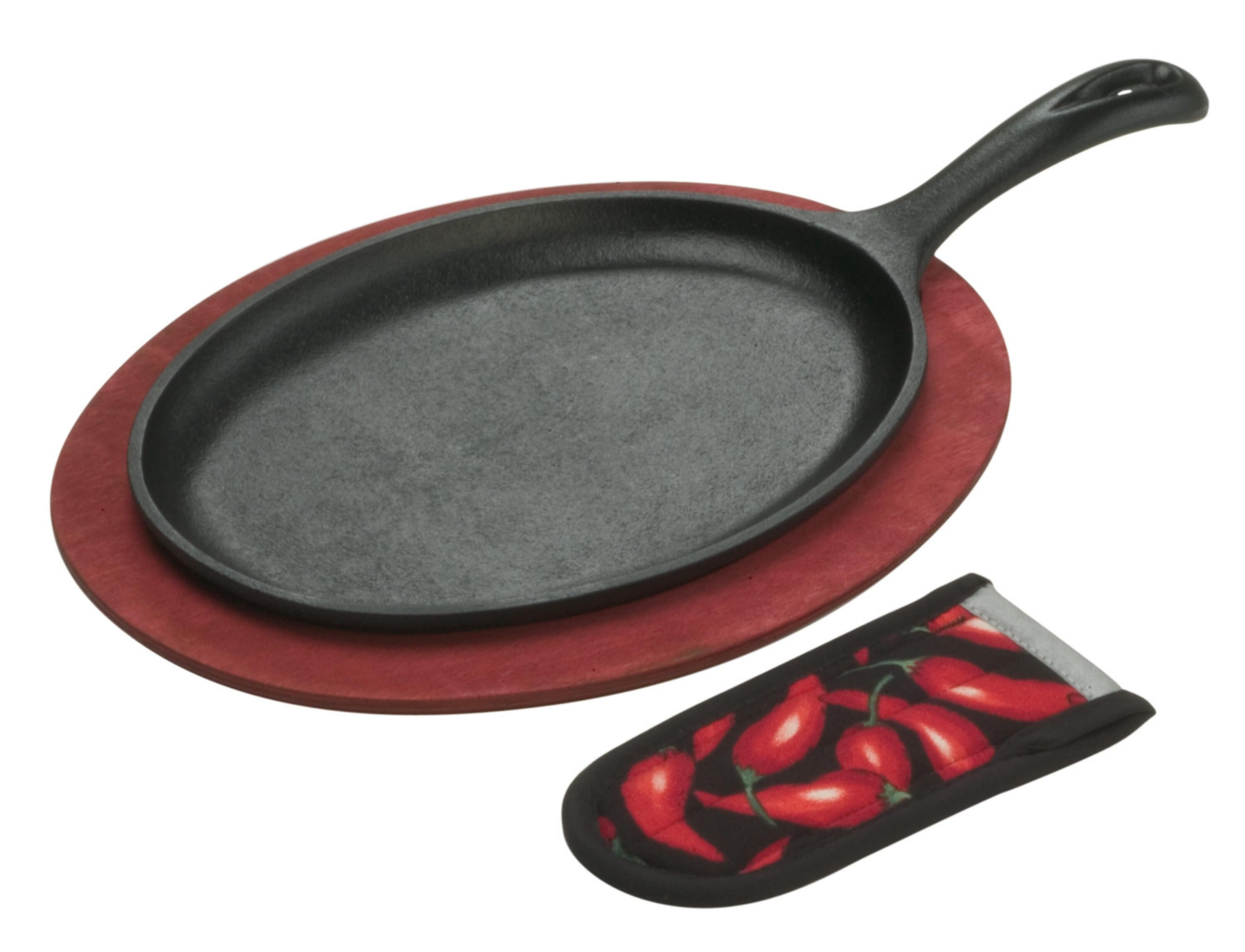 2pc+Cast+Iron+Fajita+Skillet+Set+With+Wood+Base+Cooking+Kitchen+Accessories  for sale online