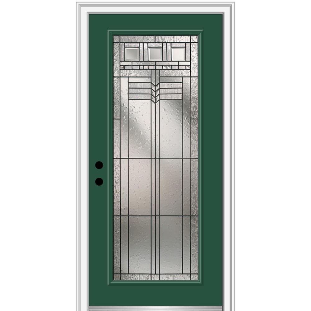 MMI DOOR ZZ3664147R 32-in x 80-in x 4-9/16-in Fiberglass Full lite Right-hand inswing Hunter Green Painted Prehung Front Door with Brickmould Insulating core