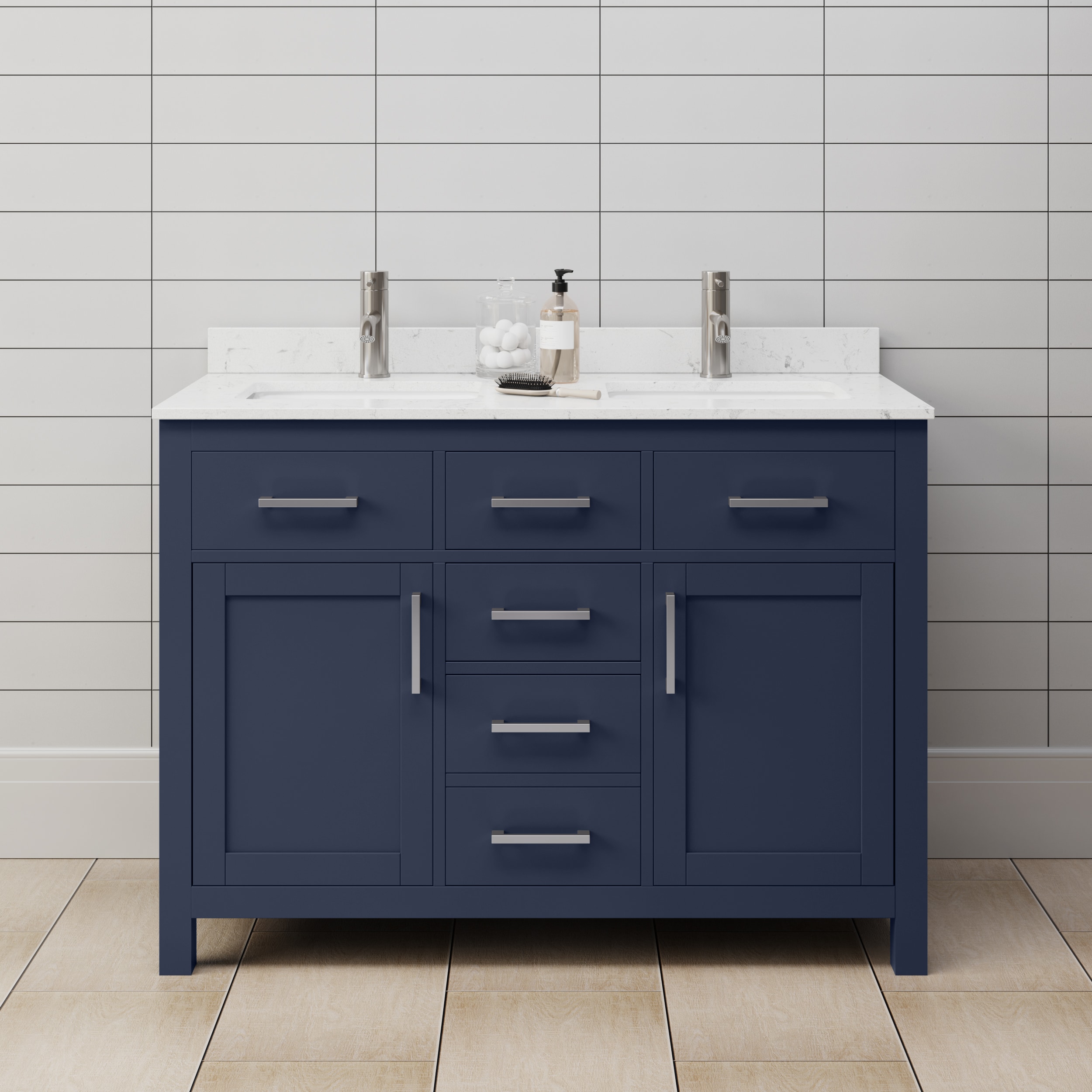 Wyndham Collection WCG242448DBNCCUNSMXX Beckett 48-in Dark Blue with Brushed Nickel Trim Undermount Double sink Bathroom Vanity with Carrara Cultured Marble Cultured marble Top