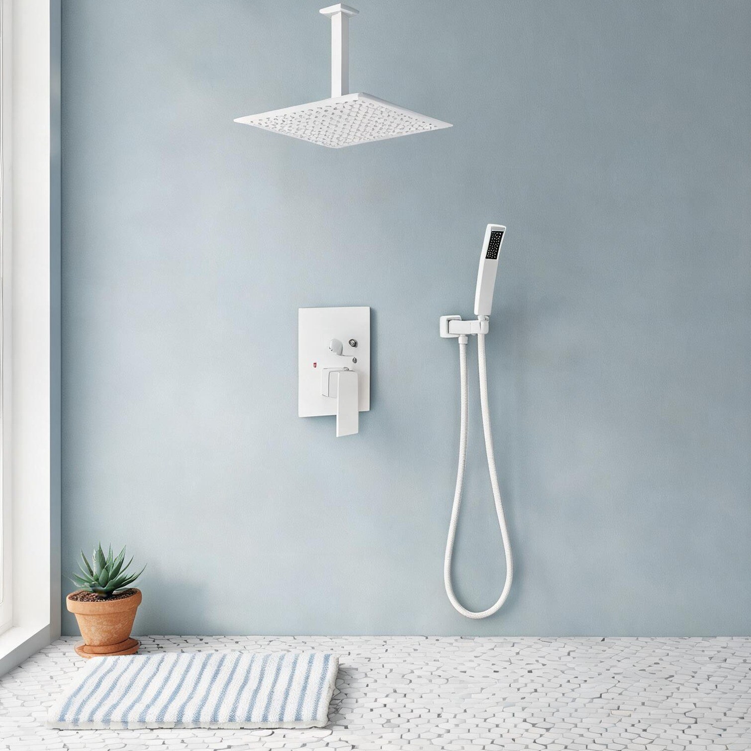 BBabe Classic White Ceiling-Mounted 16-Inch Rain Shower System with Air ...
