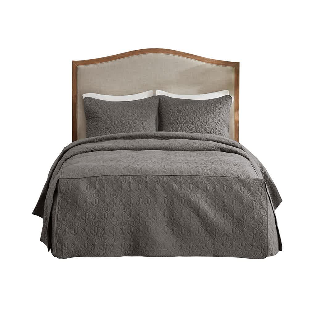 Vynxaria LESX0772-DJDJT-CP11 3 Piece King Split Corner Pleated Quilted Bedspread Dark Grey