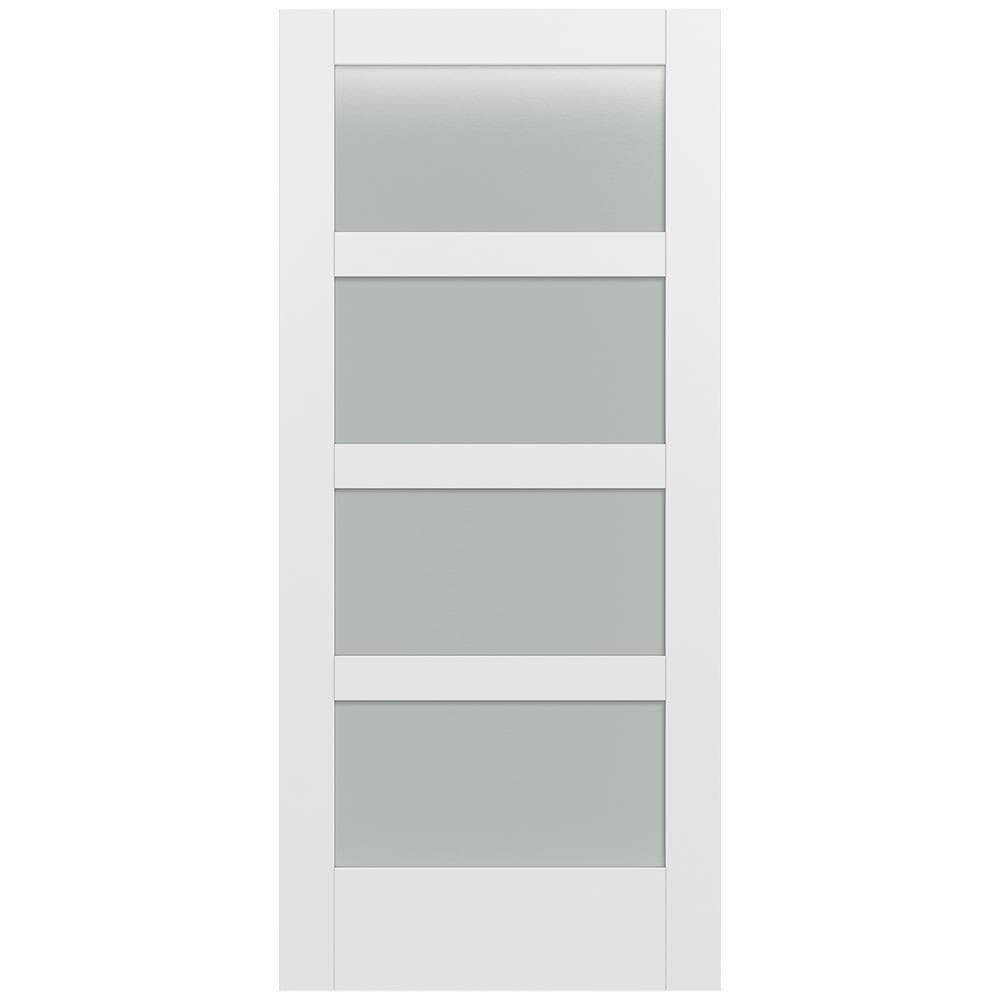 JELD-WEN LOWOLJW221100387 MODA 1044W 36-in x 80-in Primed 4 panel square Frosted glass Smooth Solid core Primed MDF Slab Door