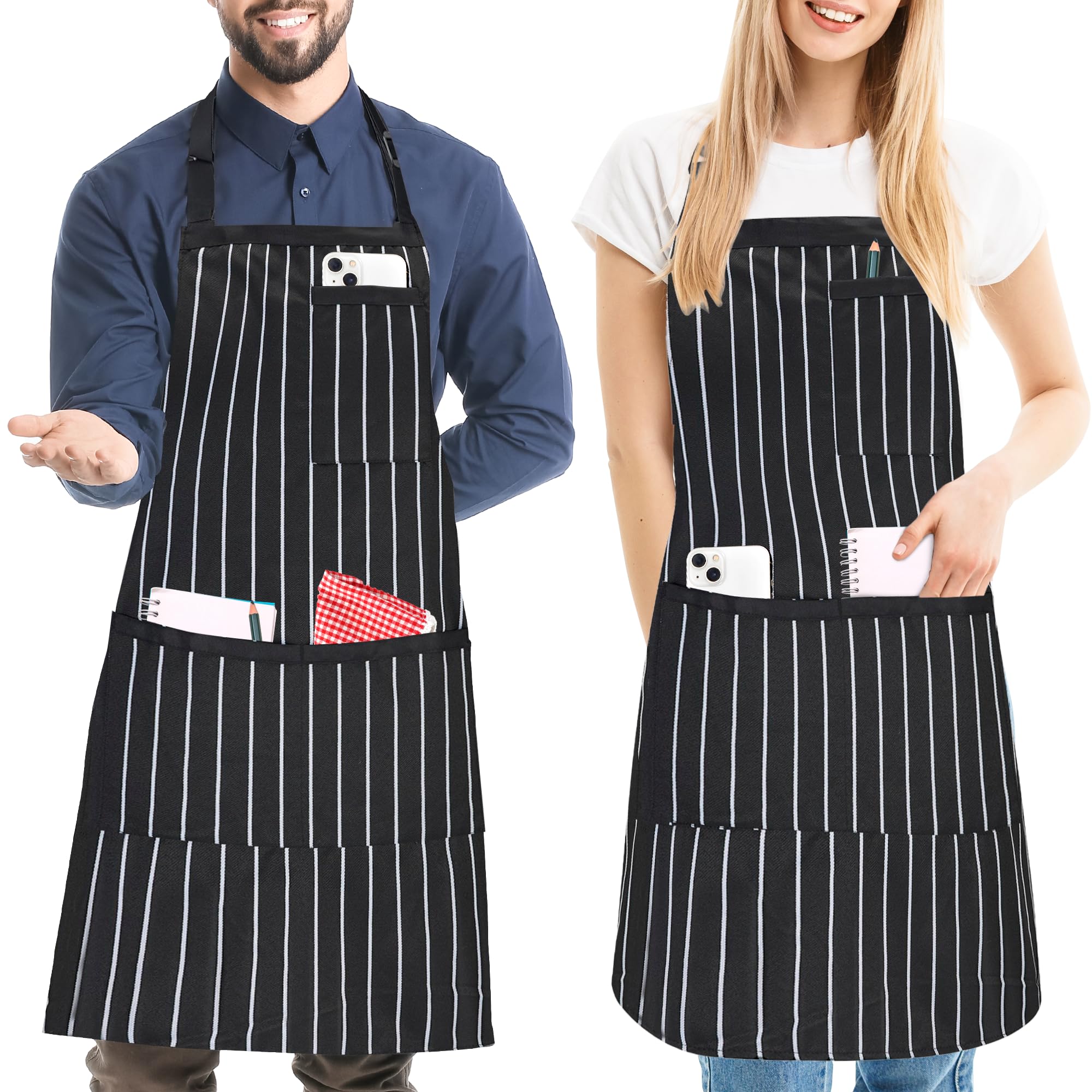 JVFCXXV  2 pack stripe kitchen apron for men women adjustable bib apron with 3 pockets chef apron for cooking baking BBQ polyester easy care