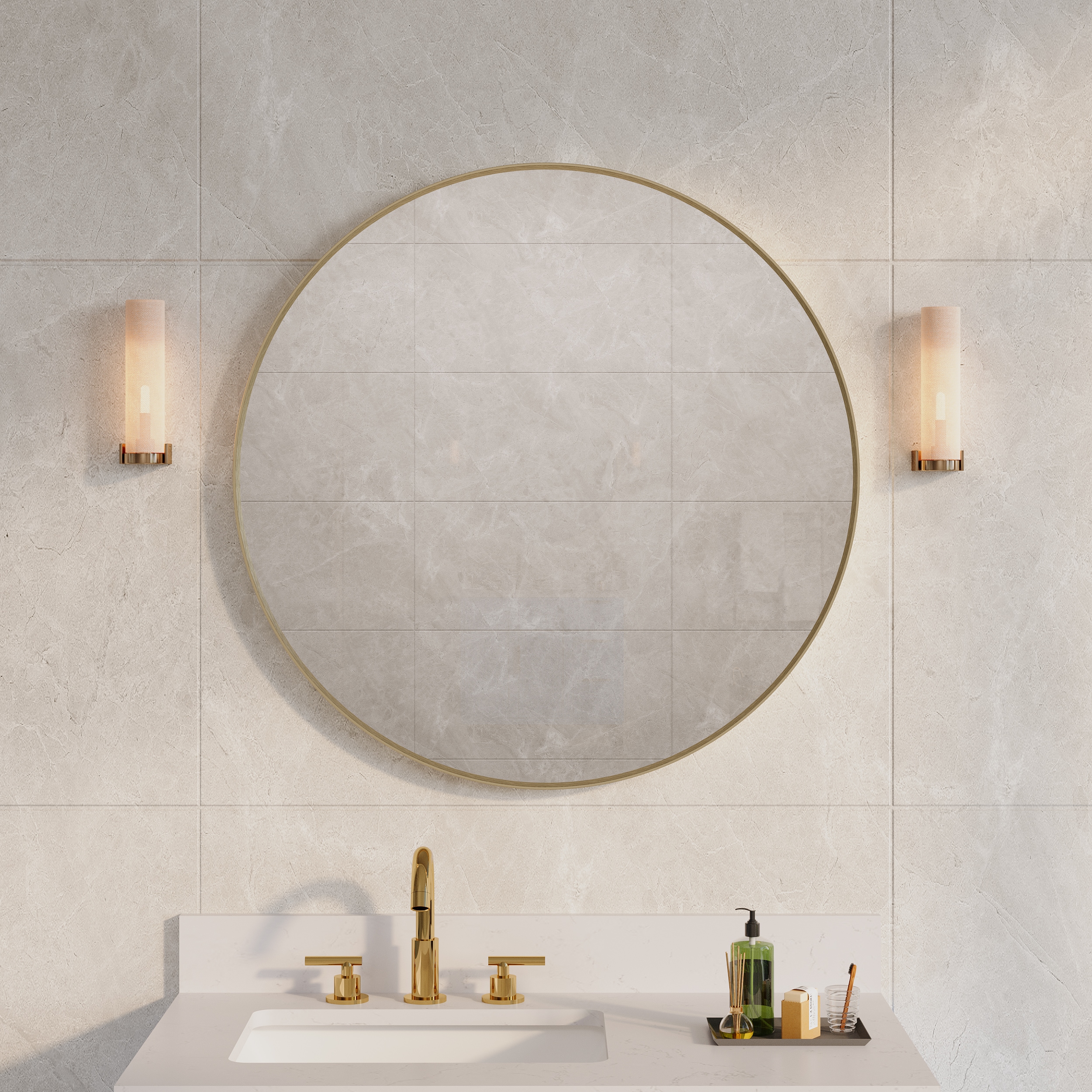Forclover FRK-M022028 32-Inches x 32-Inches Framed Round Bathroom Vanity Mirror ( Brushed Gold )