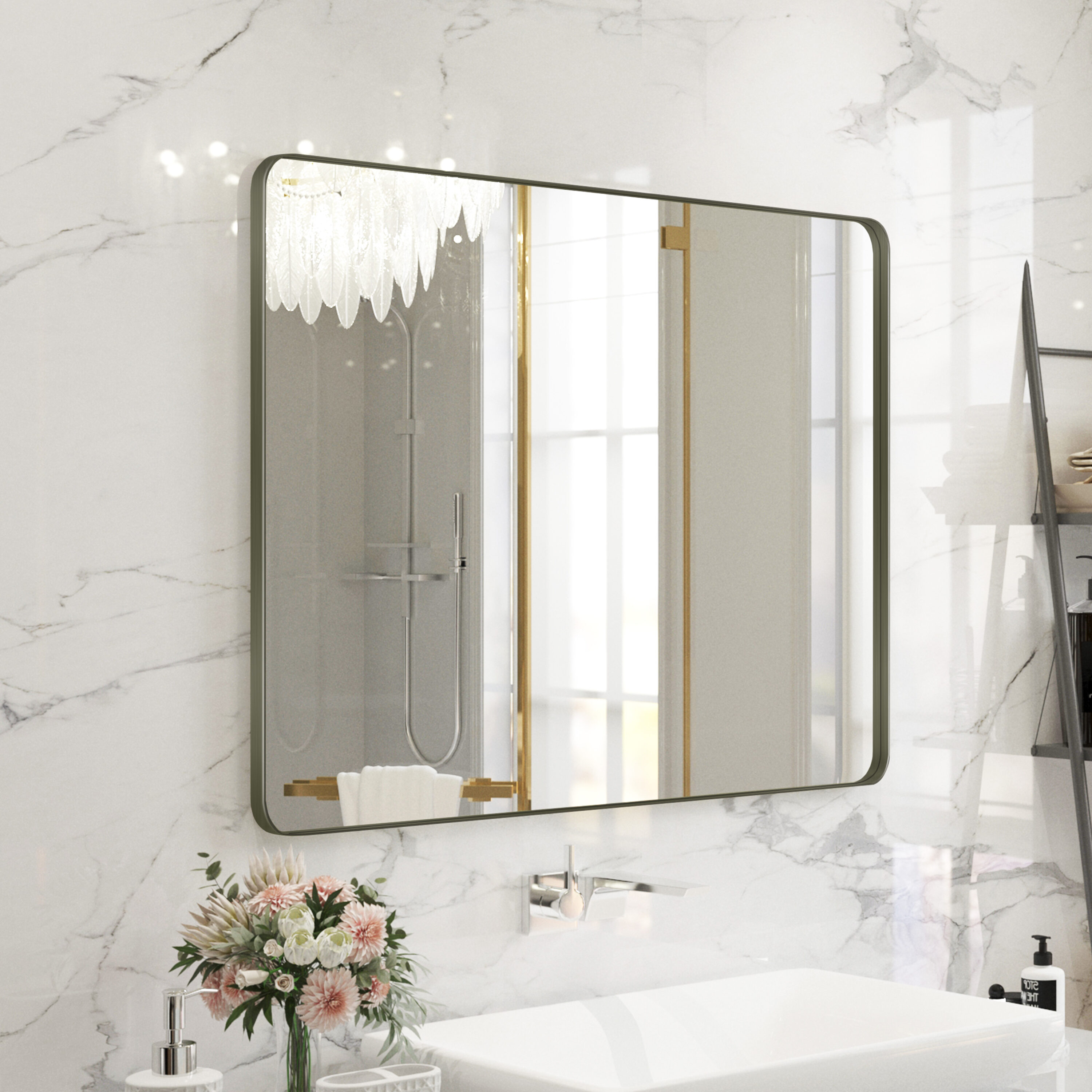 Yulika Ptjz 40-in x 32-in Framed Rectangle Bathroom Vanity Mirror ( Bronze )