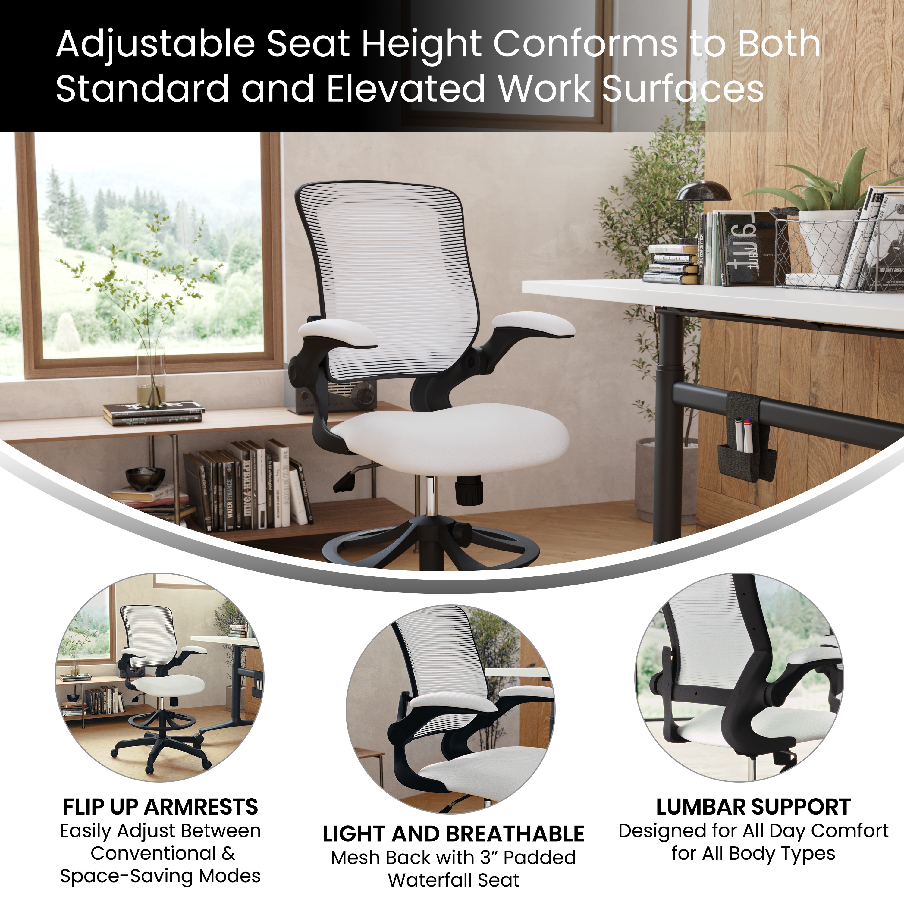 White Mesh Ergonomic Drafting Chair with Adjustable Foot Ring