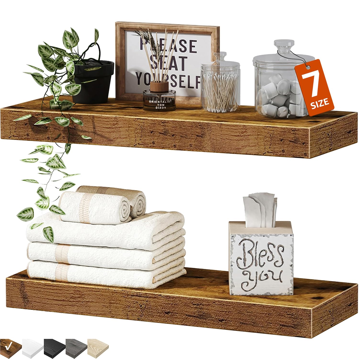 Fredees Floating Wall Mounted Shelves 15.7 x 6.7 Inch MDF Bathroom Shelf Over Toilet with Steel Brackets Rustic Brown Set of 2